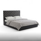 Luxury Signature Bed – Dark Blue & Golden Beige with Diagonal Line Headboard with Metal Base and Wooden Frame
