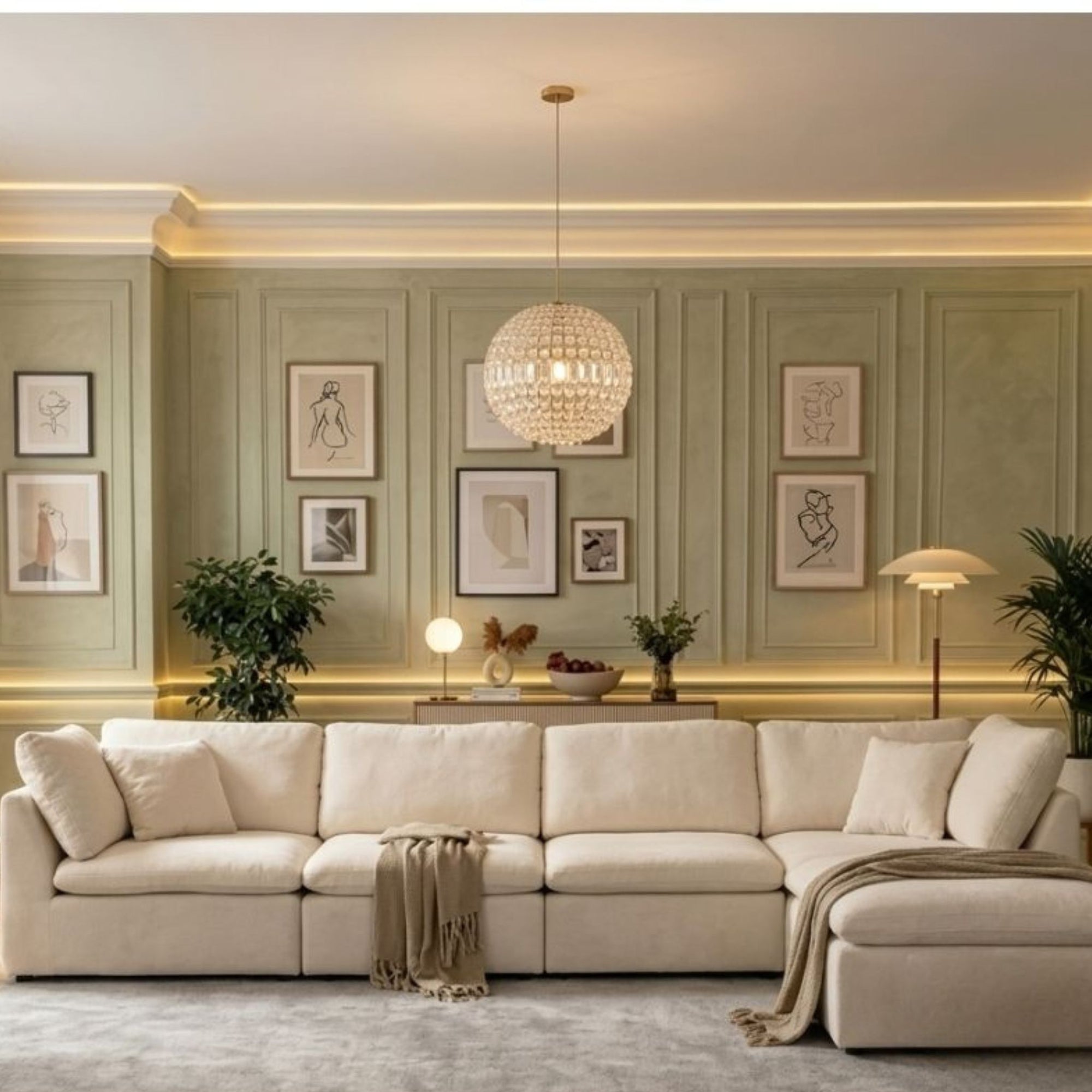 Aesthetic living room featuring the Belvedere Linear Modular Sectional by Philips Modern Homes in a soft minimalist interior.