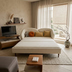 Technical view showing the fully covered flat platform system of the off-white folding sofa bed