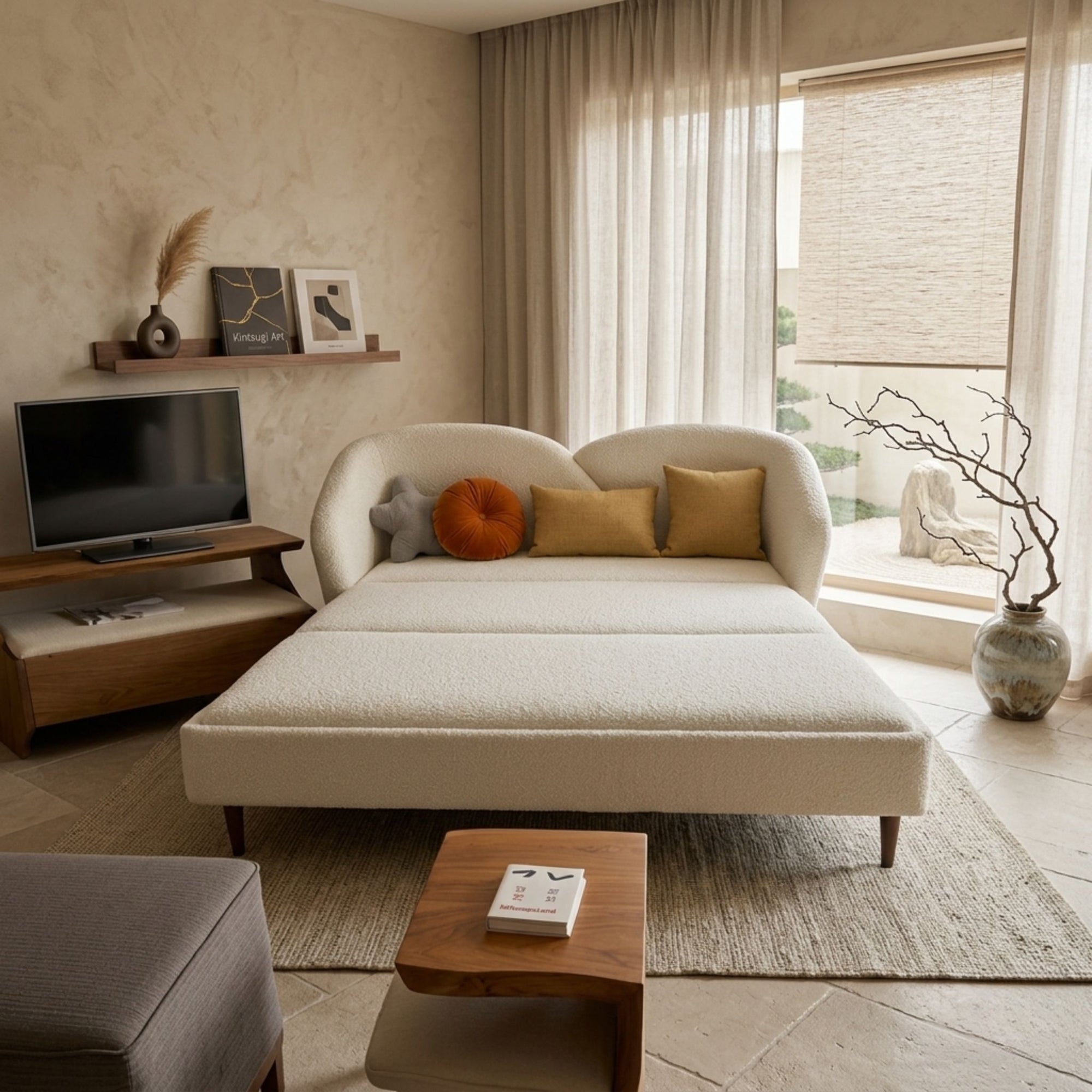 Technical view showing the fully covered flat platform system of the off-white folding sofa bed
