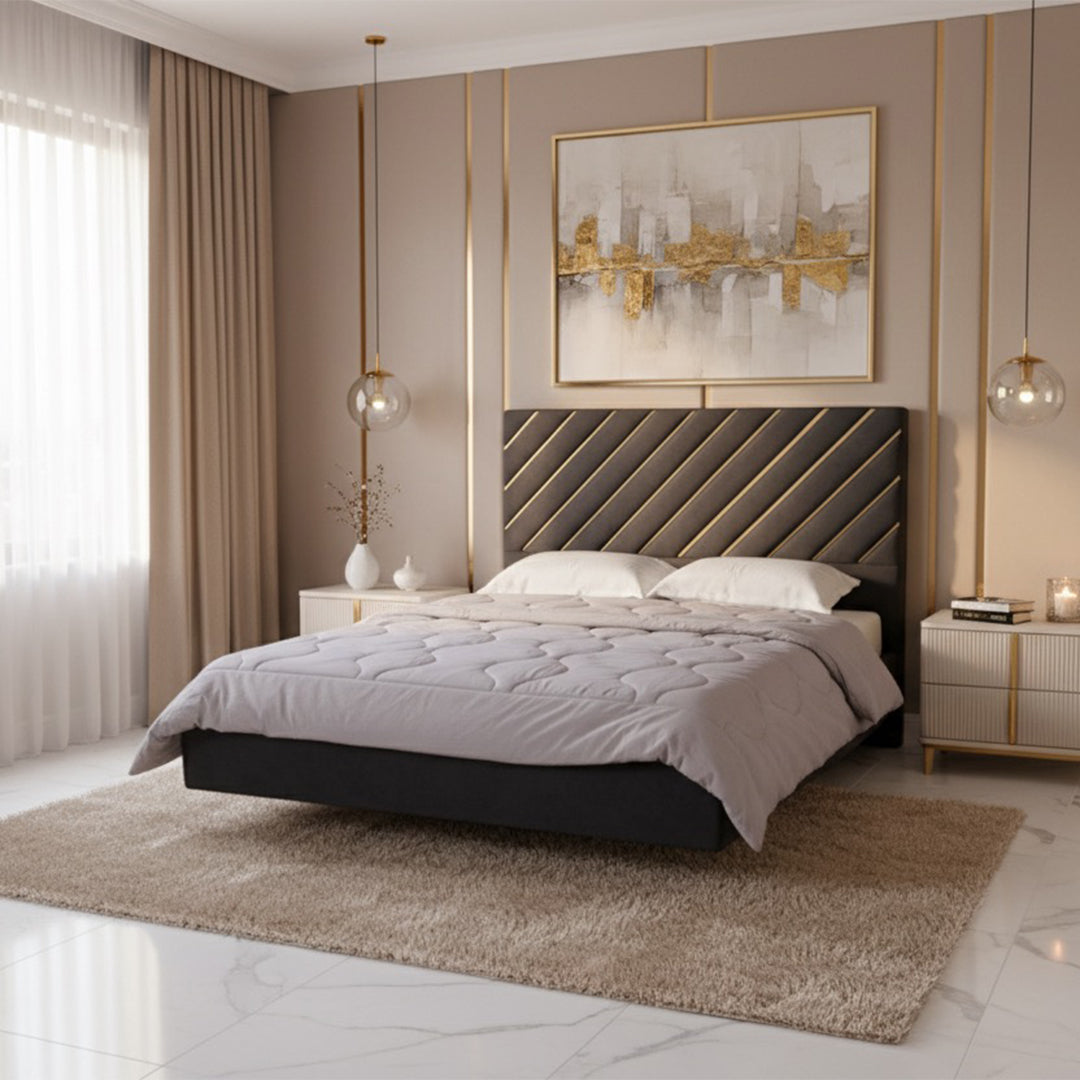 Luxury Signature Bed – Dark Blue & Golden Beige with Diagonal Line Headboard with Metal Base and Wooden Frame