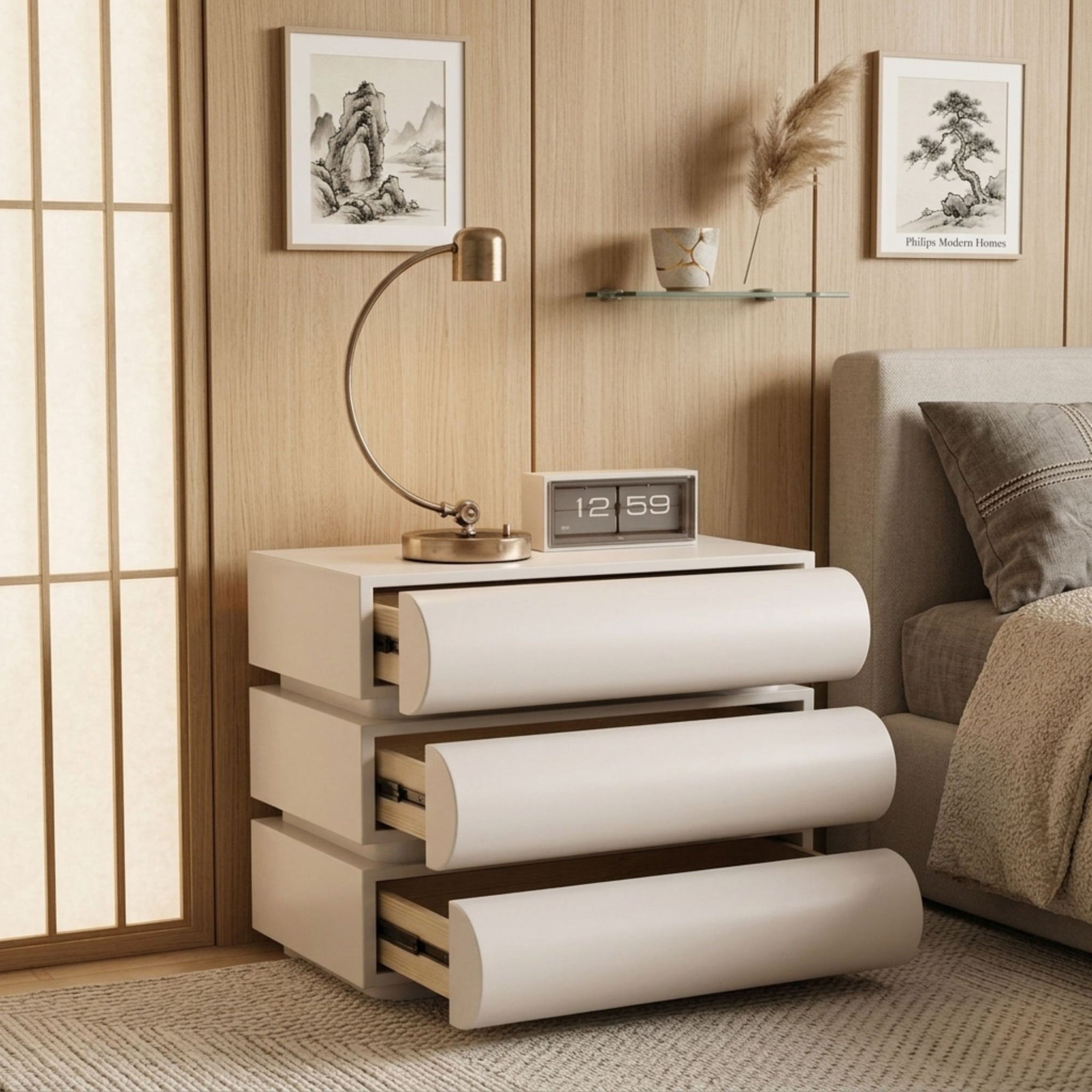 Technical detail view highlighting the architectural tiers and floating shelf design of the Celine Arcane table