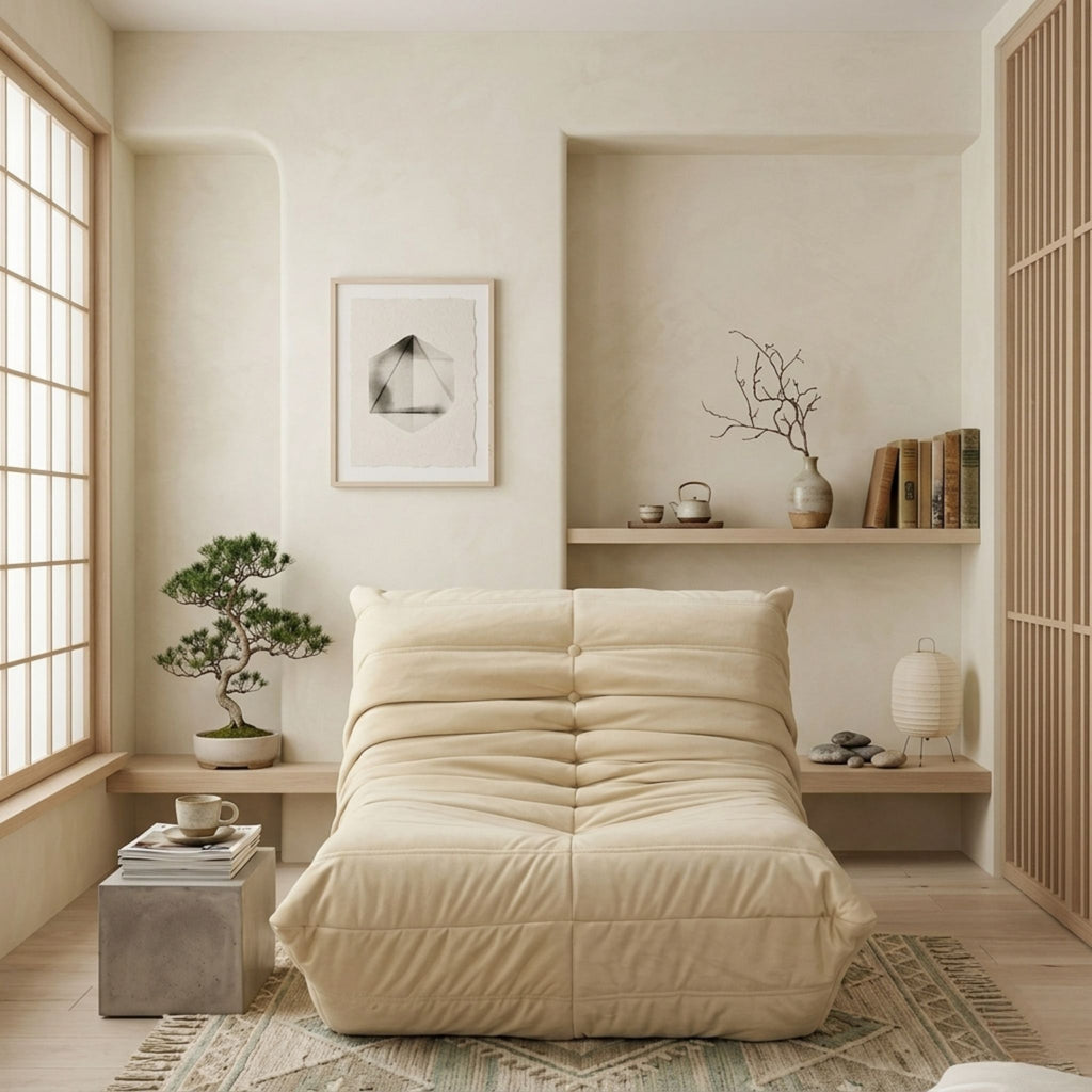 Organic modular silhouette of the Caterpillar Sofa styled with Japandi-inspired decor and natural lighting