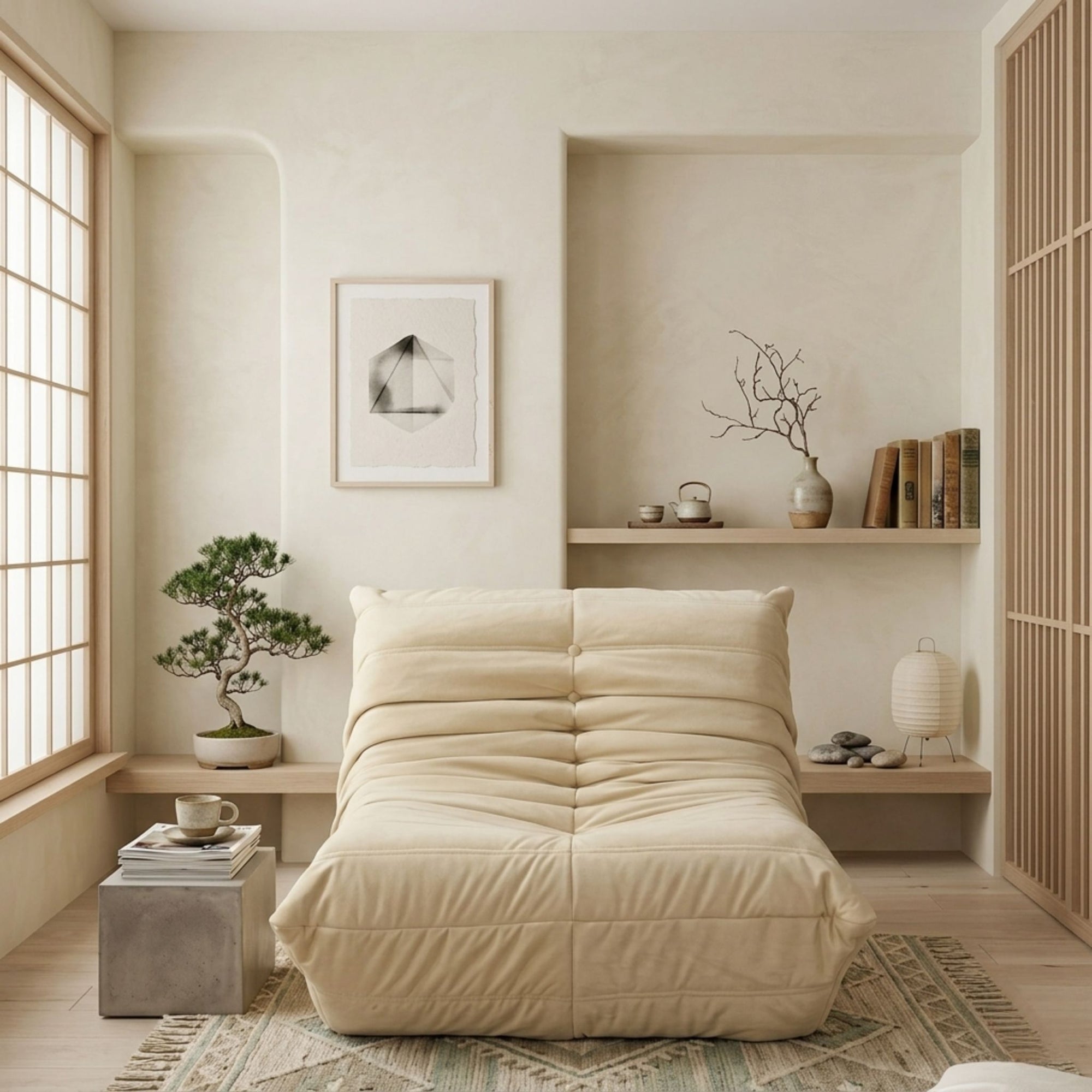 Organic modular silhouette of the Caterpillar Sofa styled with Japandi-inspired decor and natural lighting