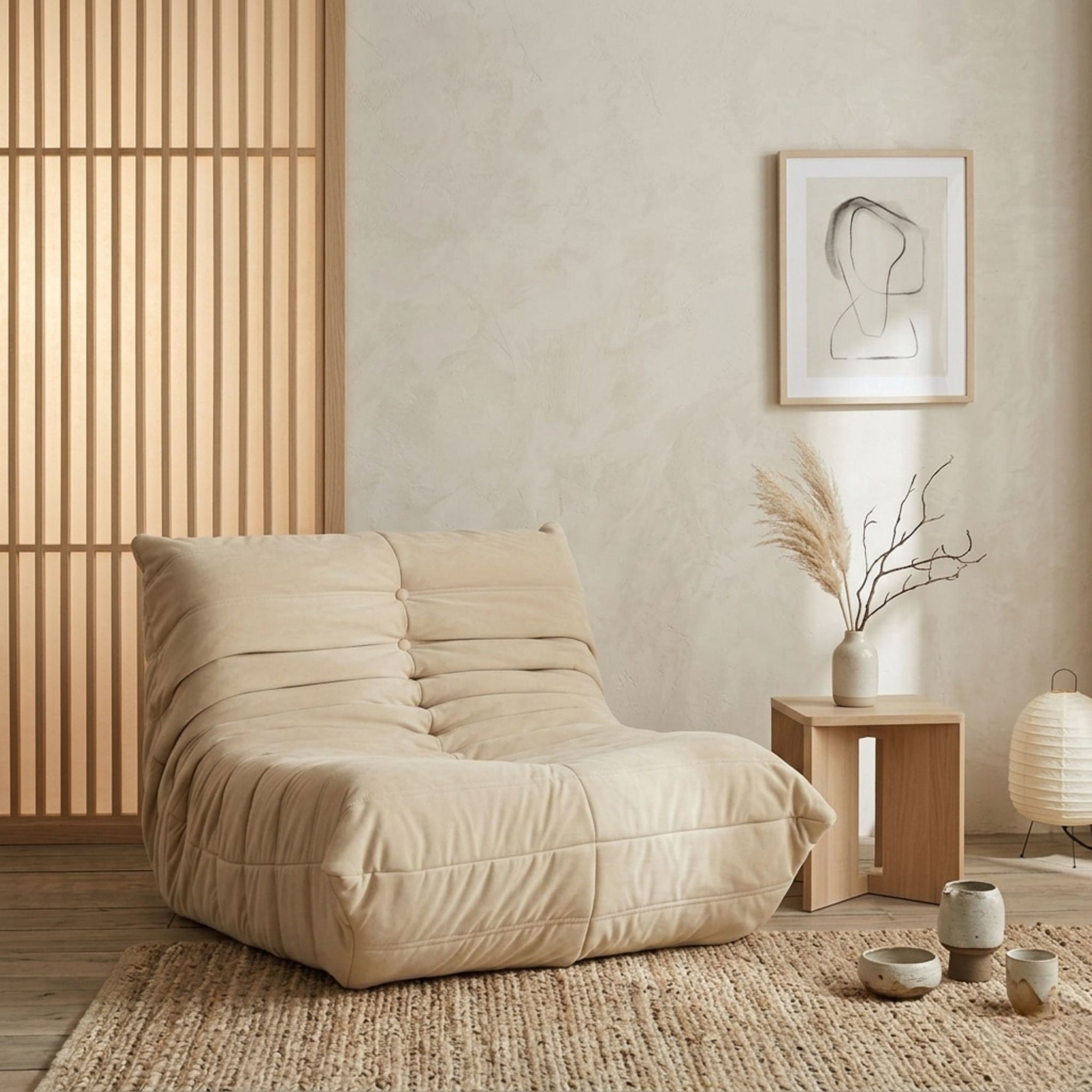 Low-profile Caterpillar lounge chair styled in a bright, minimalist living space with clean lines and organic decor