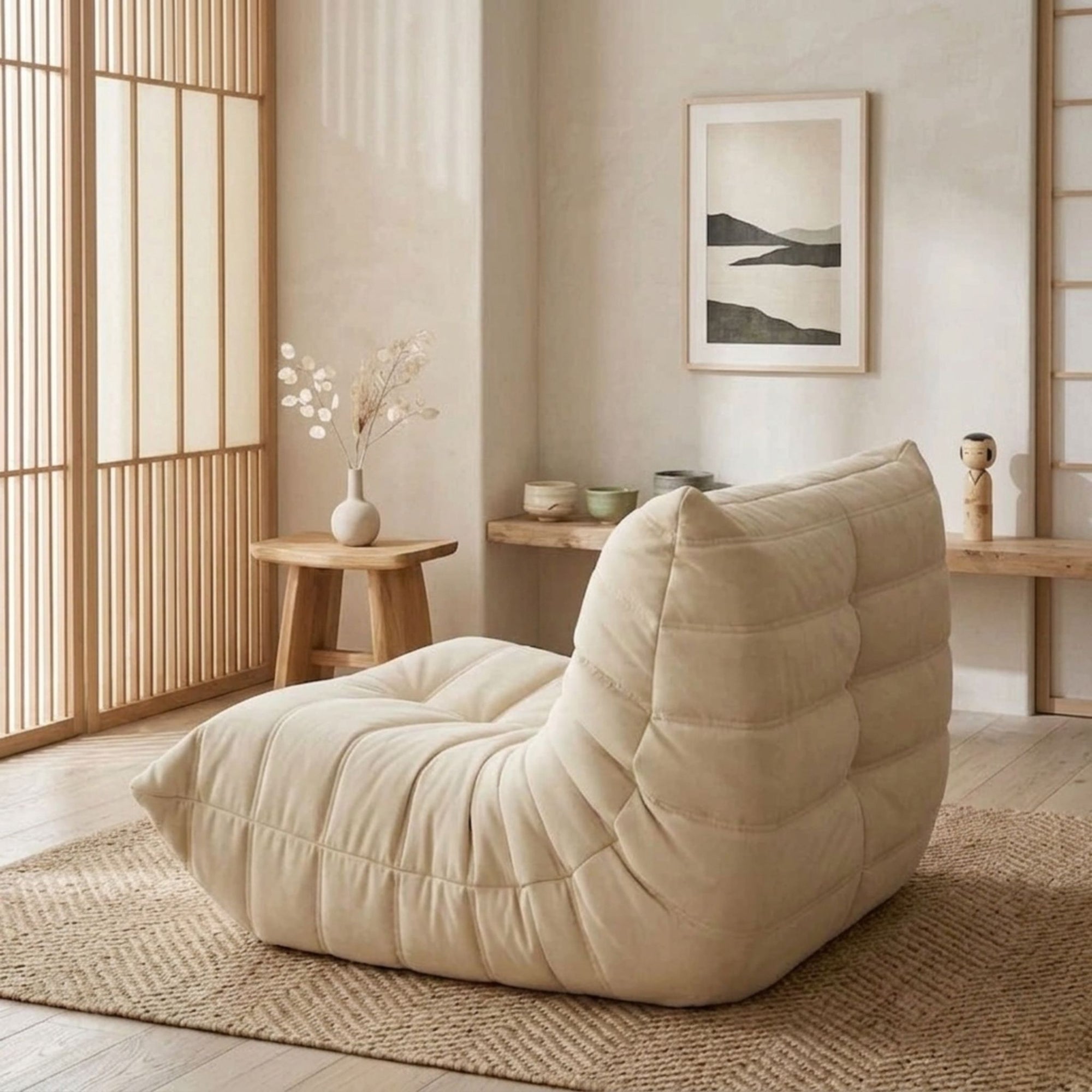 A close-up view of the rear of the Caterpillar Curved Accent Sofa, showing the precise tufting details and rich texture of the high-end upholstery