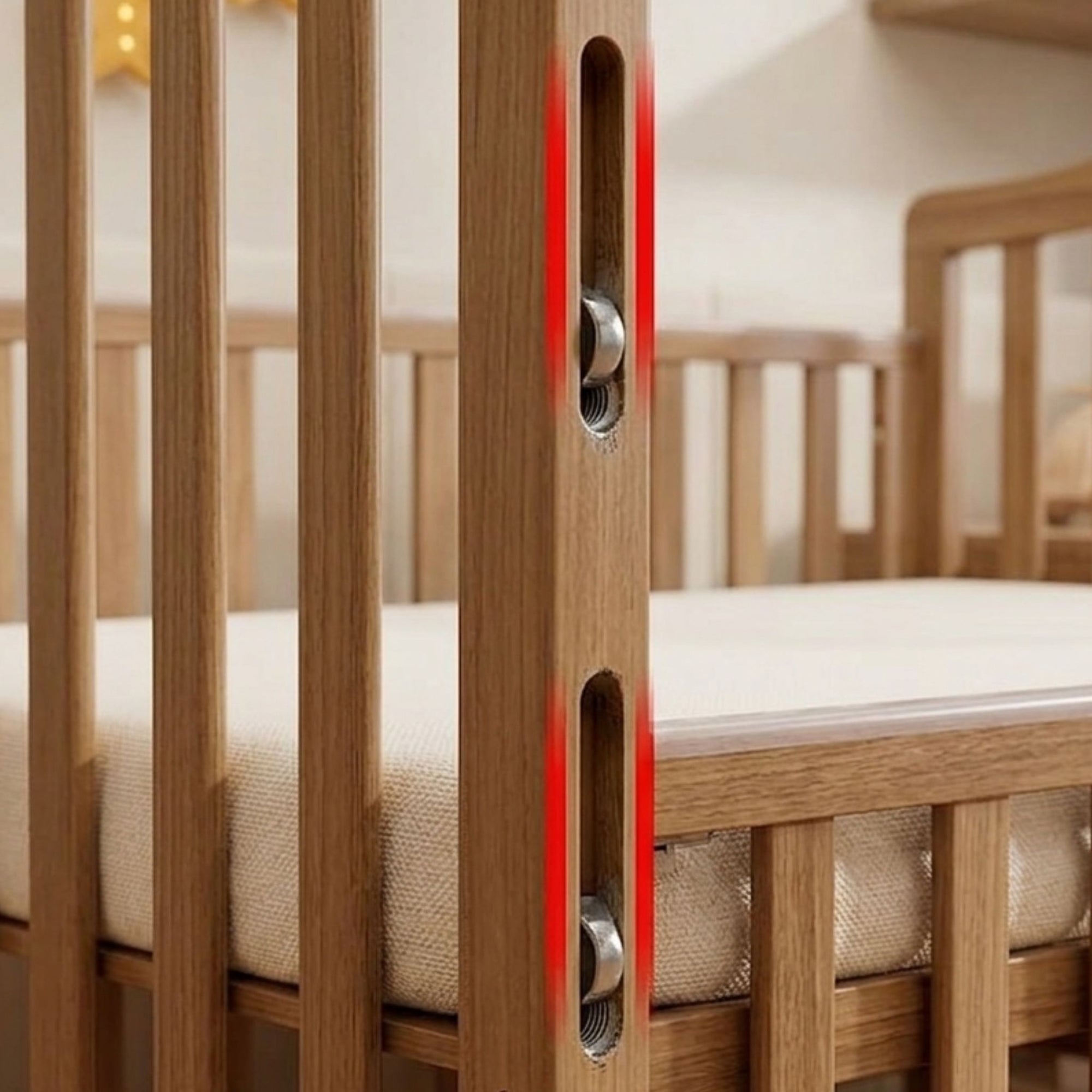 Detailed view of the adjustable mattress base on the 90x140cm Celestia wooden crib