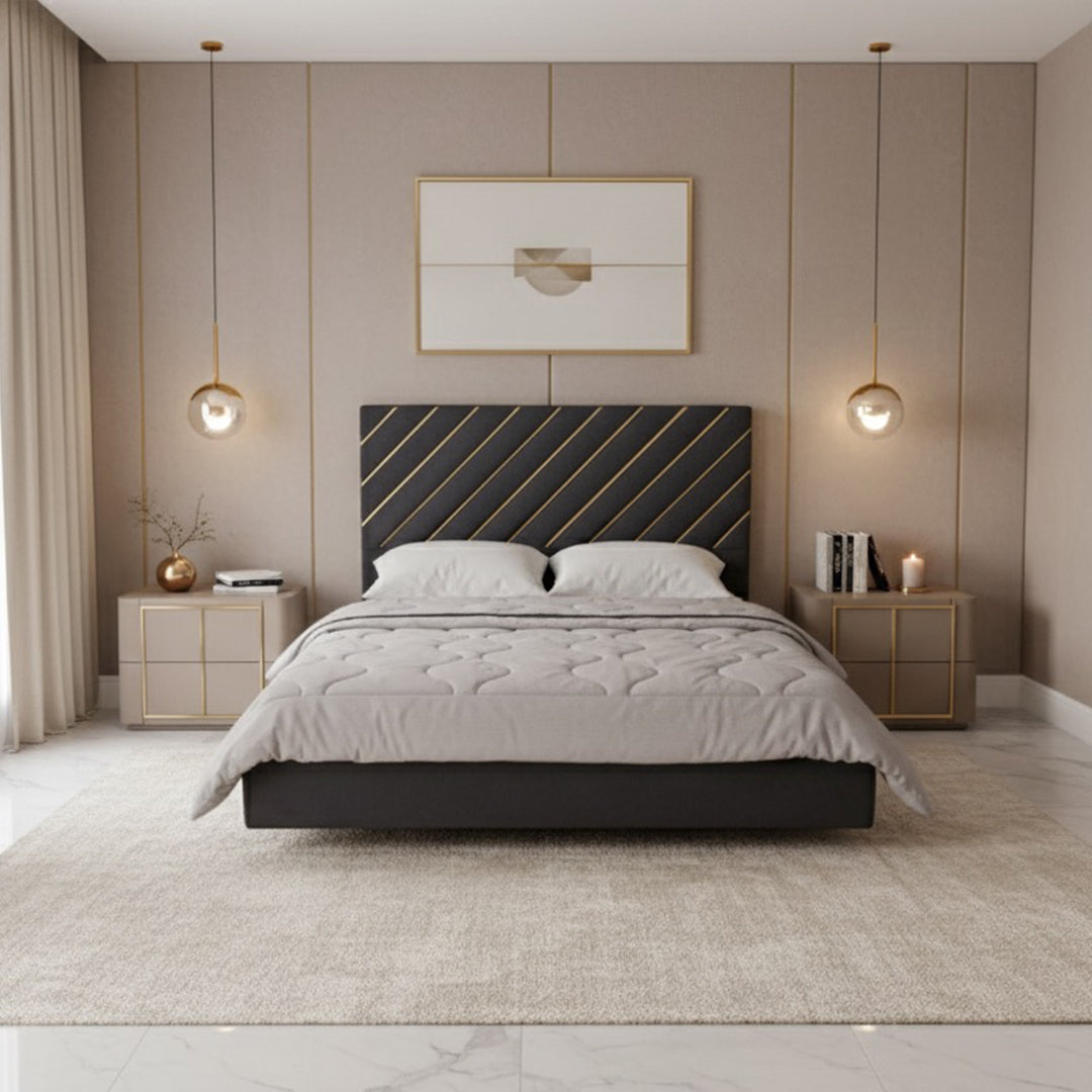 Luxury Signature Bed – Dark Blue & Golden Beige with Diagonal Line Headboard with Metal Base and Wooden Frame
