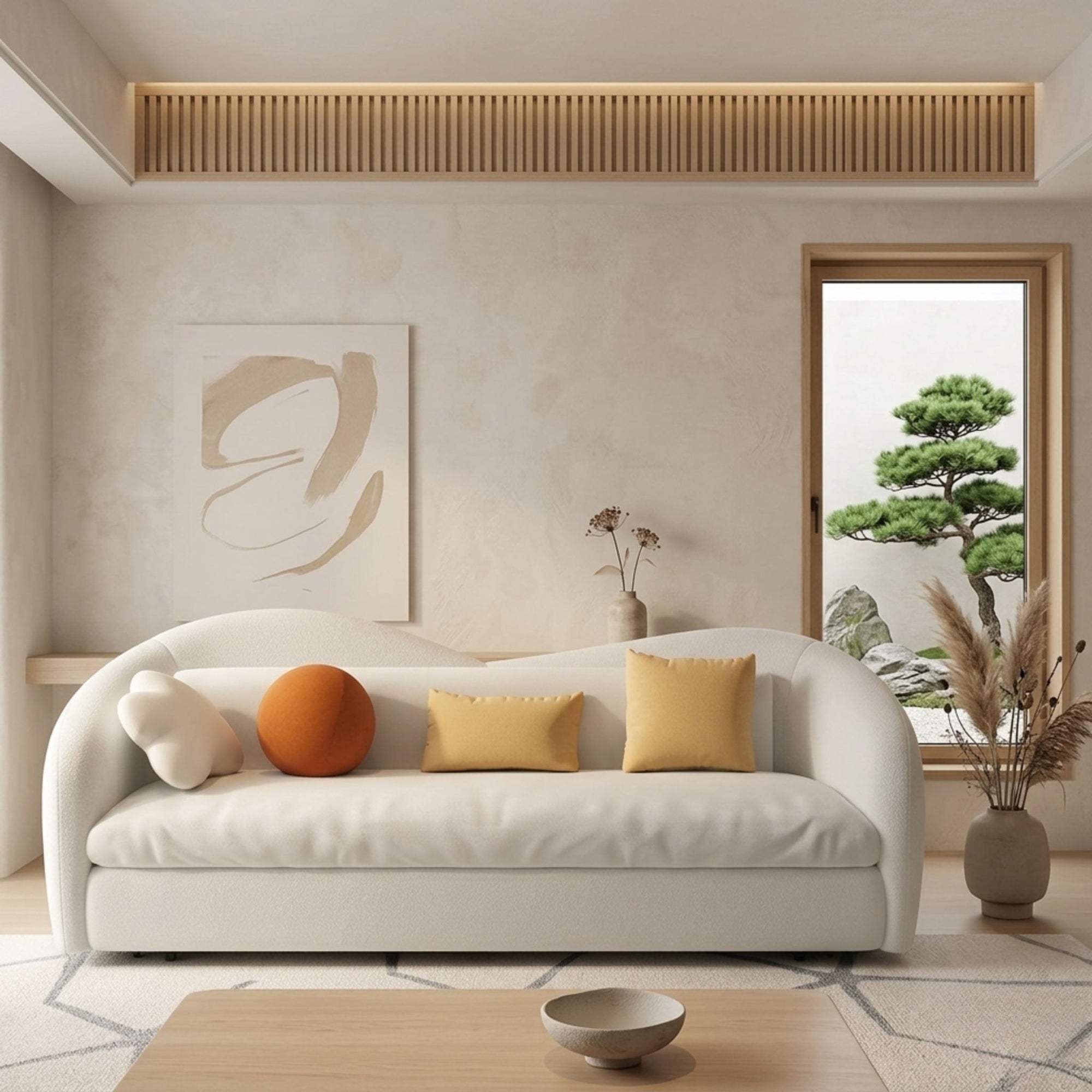 Detail view showing the clean lines and premium off-white fabric texture of the folding sofa bed