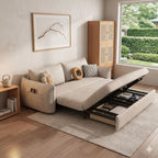 Detail shot showing the massive 210cm open storage compartment of the Nordic sofa bed with organized bedding