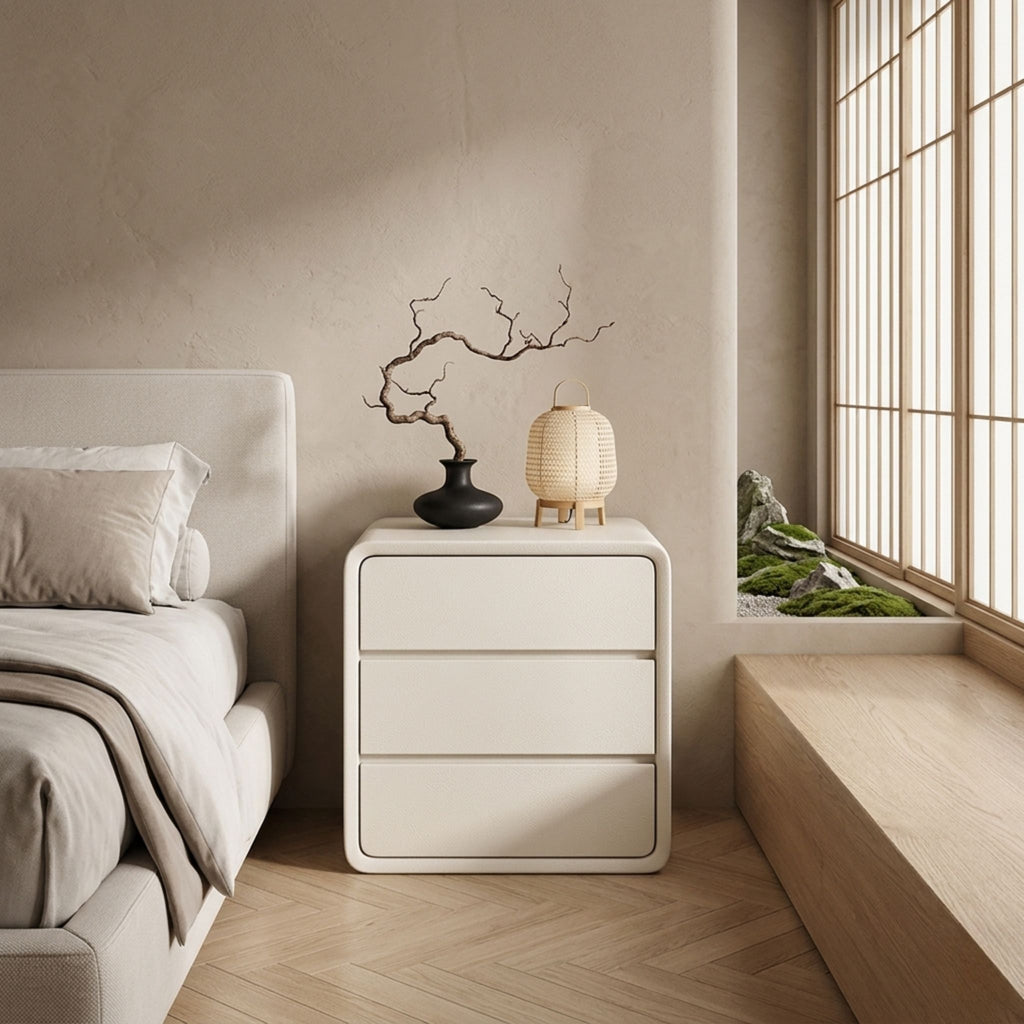 Minimalist Italian modern nightstand styled in a Japandi-aesthetic bedroom with natural light and bonsai decor