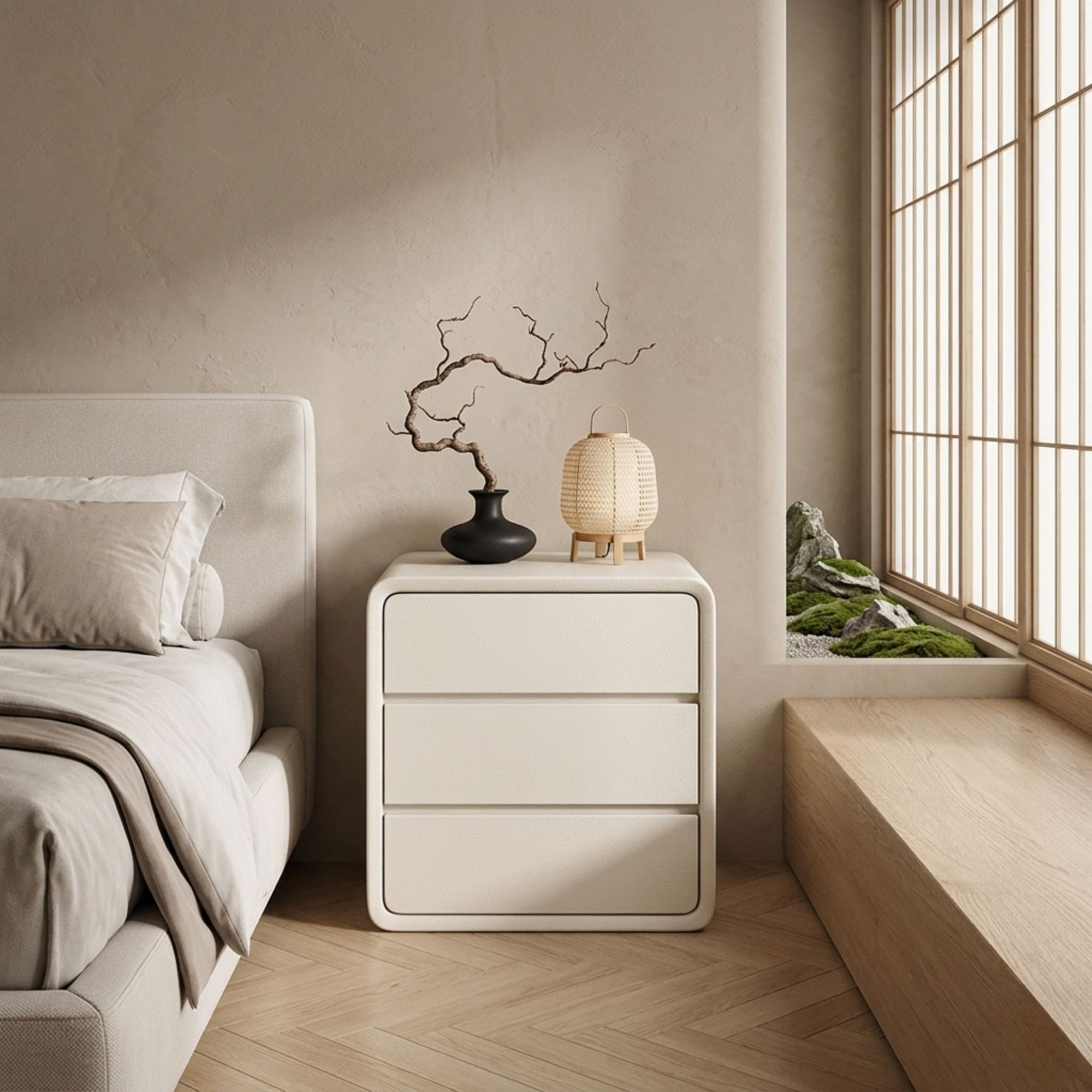 Minimalist Italian modern nightstand styled in a Japandi-aesthetic bedroom with natural light and bonsai decor