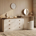 Minimalist Japandi style modular vanity and storage suite in a sunlit bedroom with natural wood slats and a textured rug