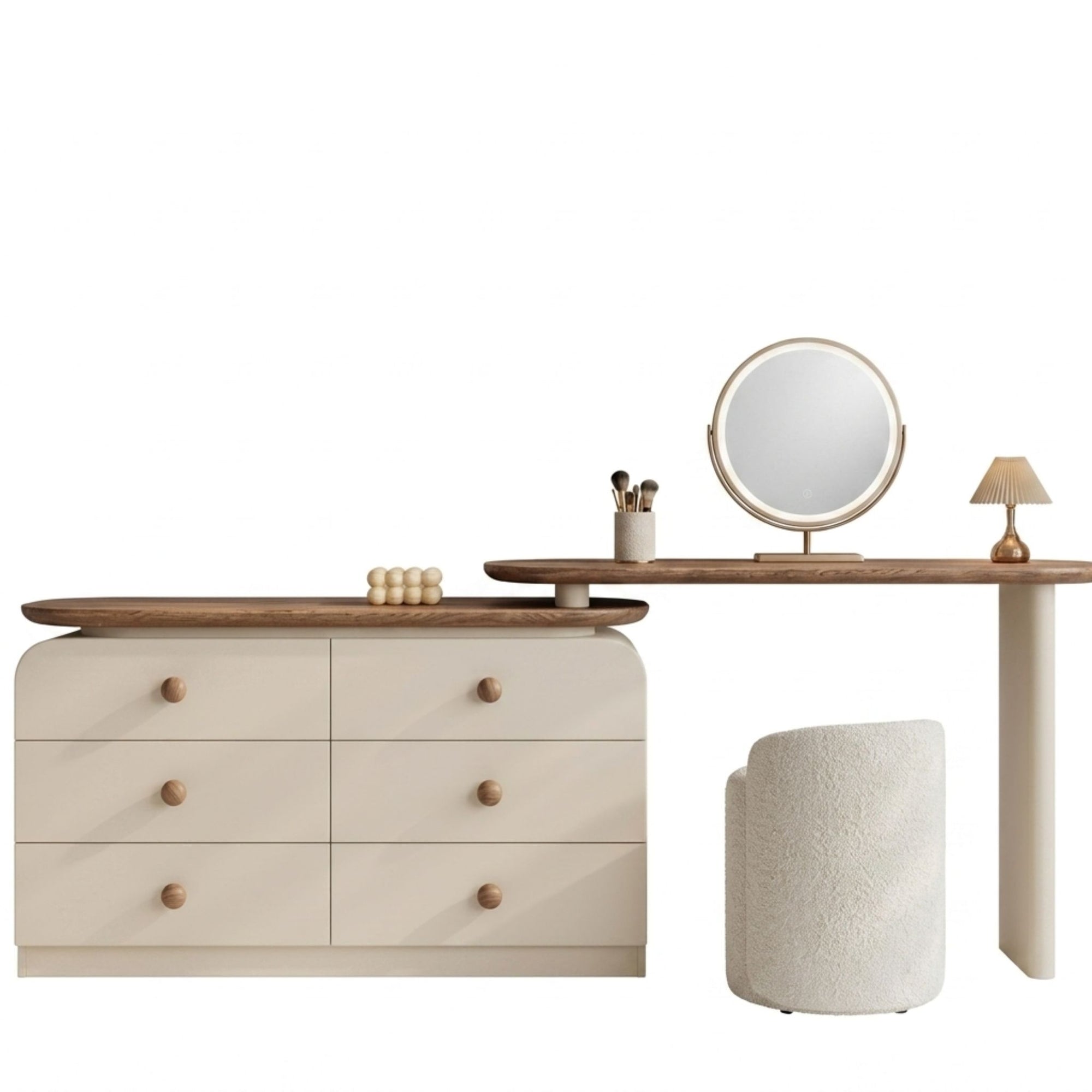 Kyoto Retractable Space-Saving Wood Dressing Table with integrated six-drawer chest on a clean white background for Google Merchant Center compliance