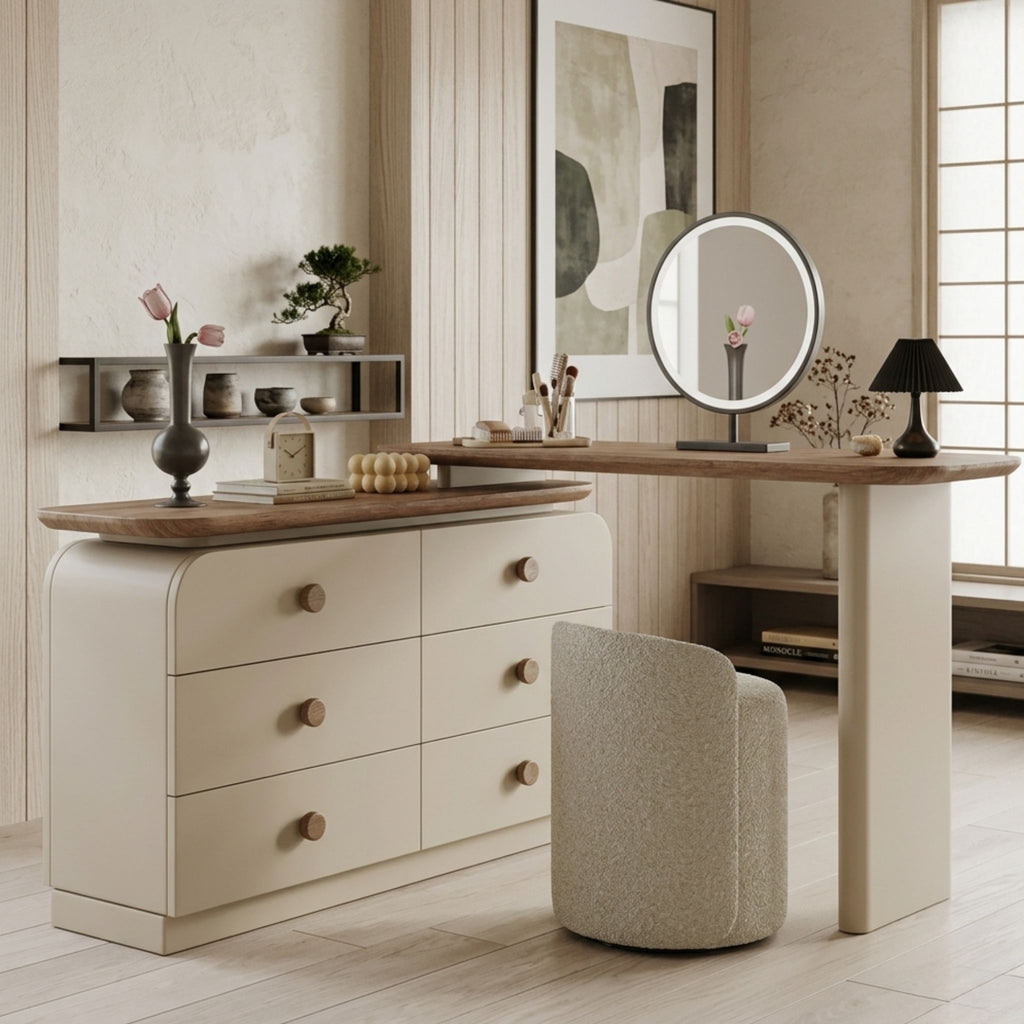 Contemporary wood dressing table and modular six-drawer storage unit against a textured plaster wall with aesthetic modern decor