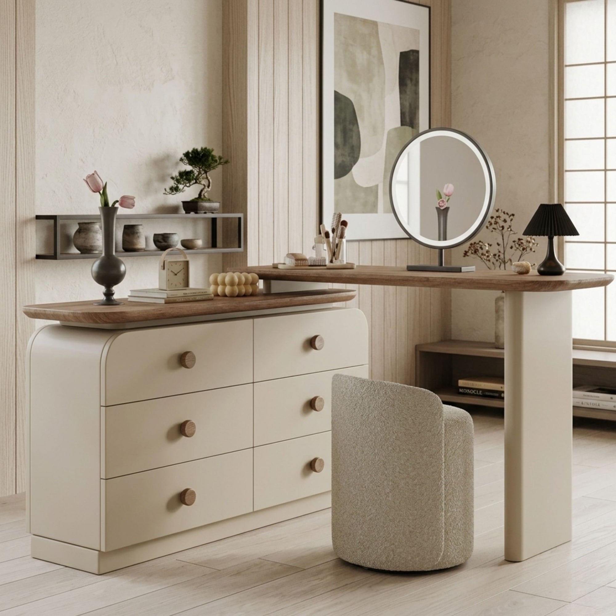 Contemporary wood dressing table and modular six-drawer storage unit against a textured plaster wall with aesthetic modern decor