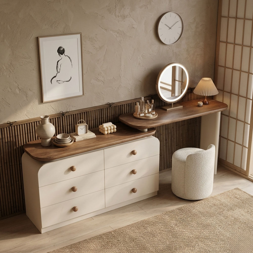 Angled view of the Kyoto retractable dressing table showing the sliding wooden surface and modular functionality in a Japandi-inspired interior