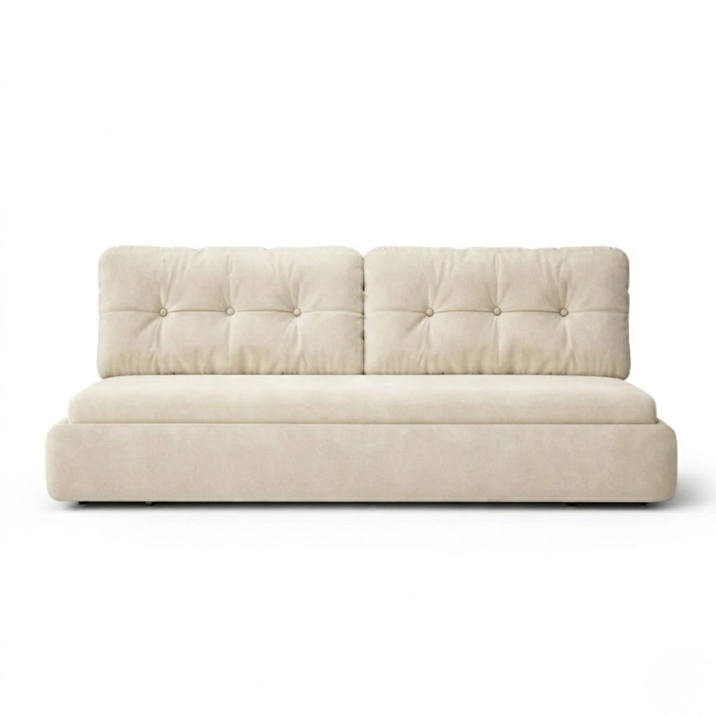 Primary studio shot of the tufted Luna Crescent Sleeper on a clean white background, showcasing the fully extended storage compartments