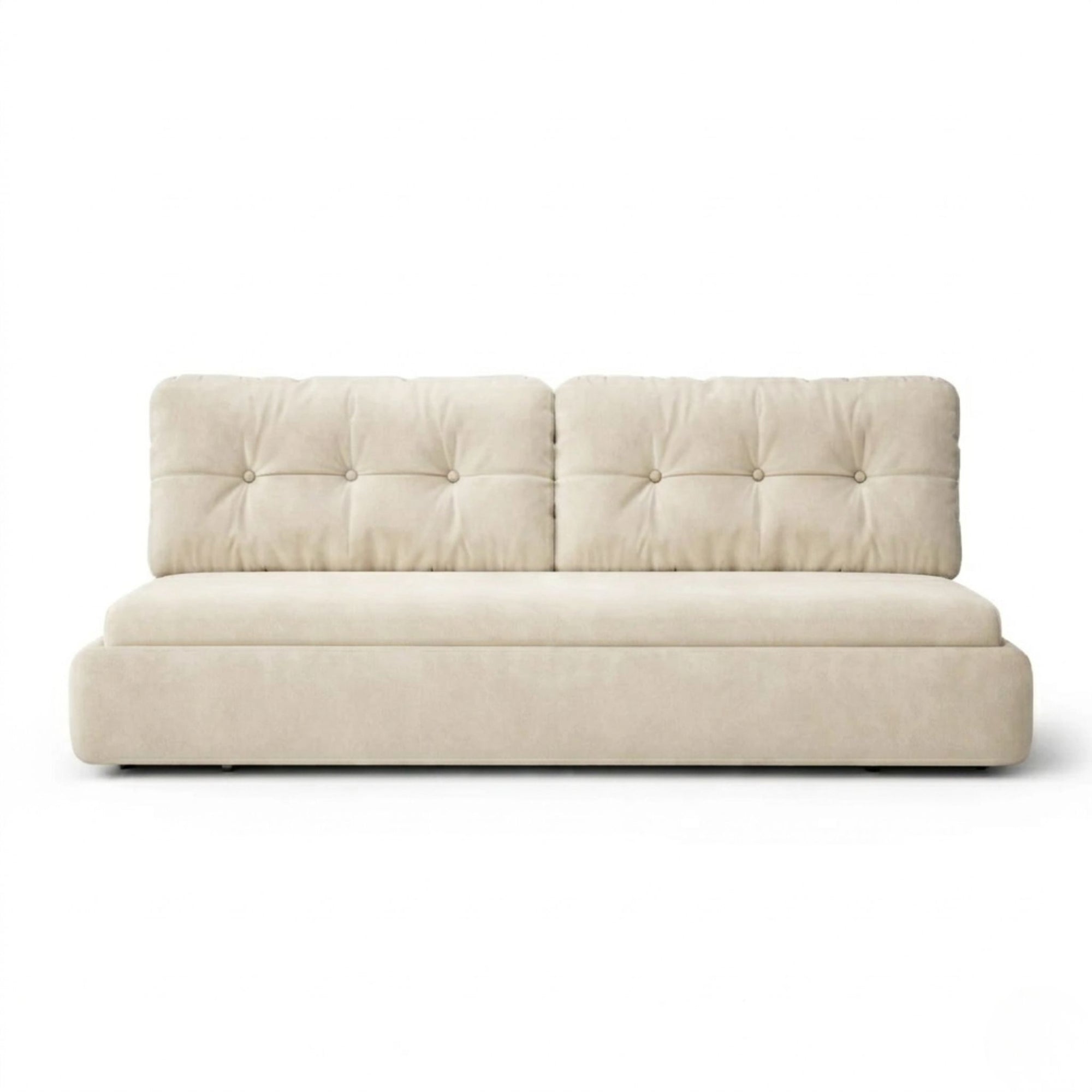 Primary studio shot of the tufted Luna Crescent Sleeper on a clean white background, showcasing the fully extended storage compartments