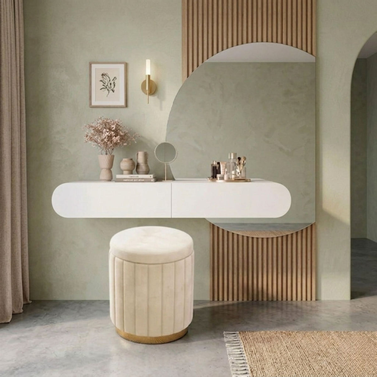 A wide-angle lifestyle shot showing the floating dressing station paired with a coordinating pleated velvet ottoman in a modern interior