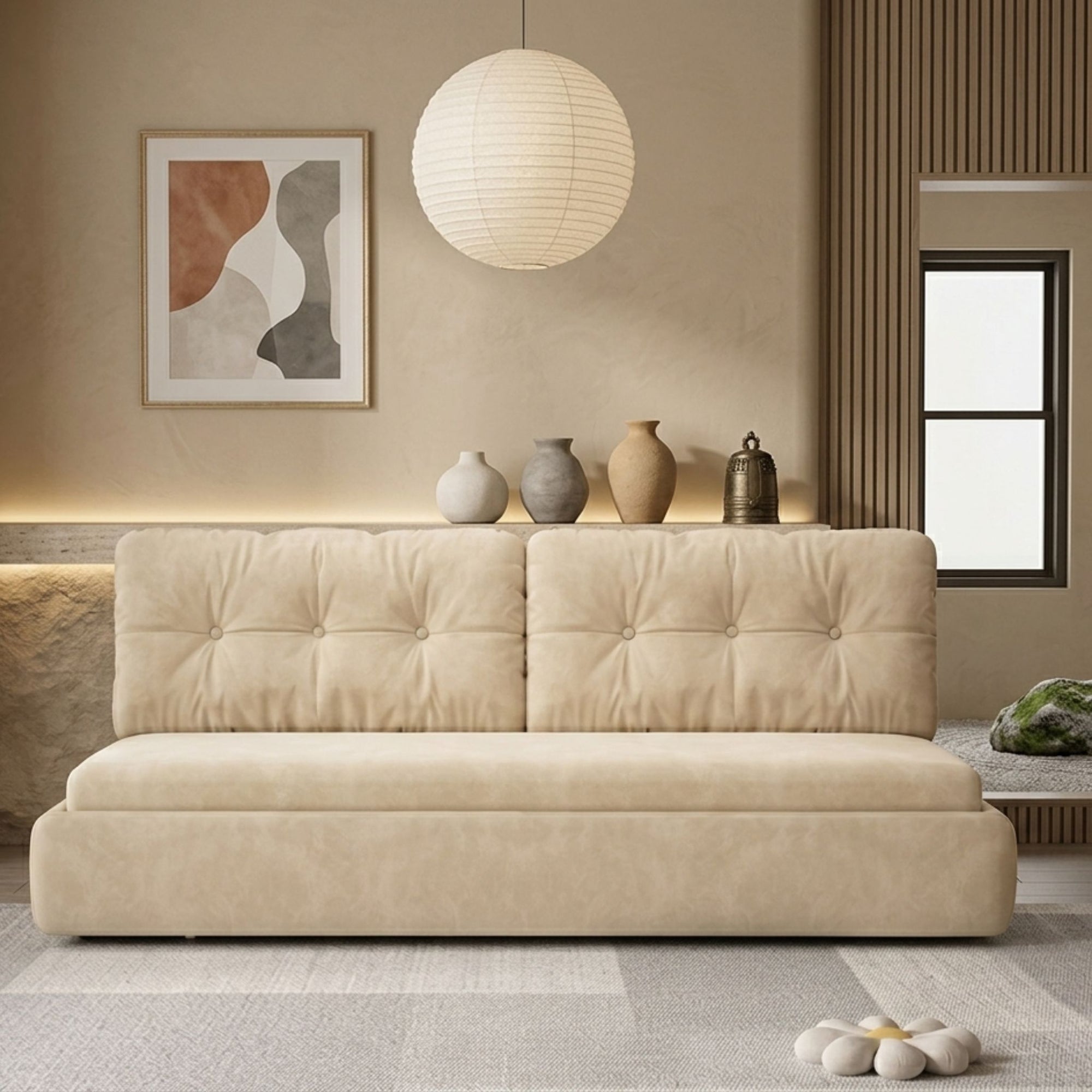The Luna Crescent Bespoke Sleeper styled in a minimalist Japandi living room with warm, organic lighting