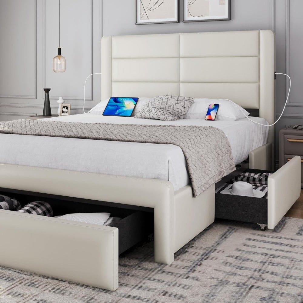 Modern Bed with Storage Drawers, USB Ports, High Upholstered Headboard
