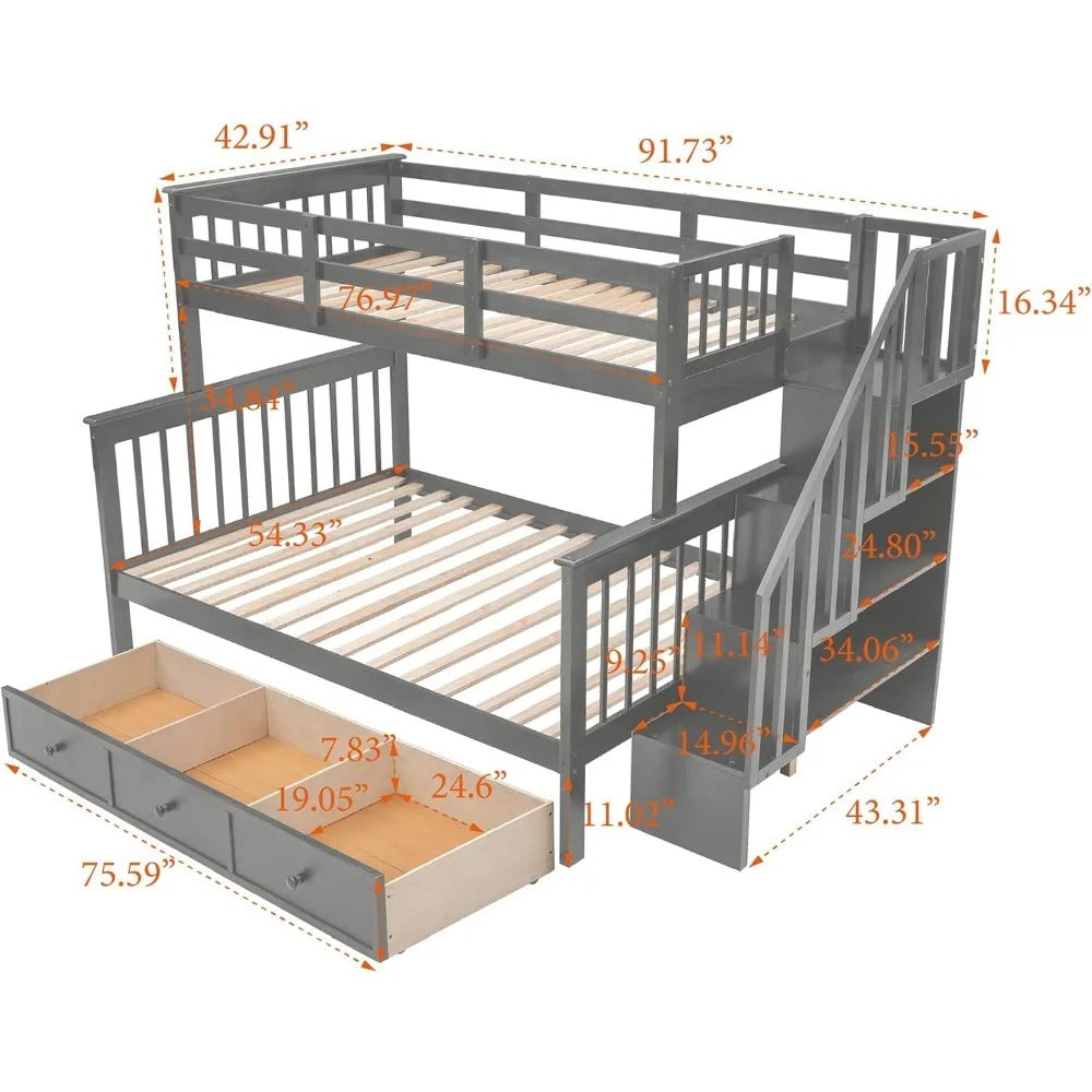Twin Over Full Wood Bunk Bed with Stairs, Storage Drawers for Kids Teens