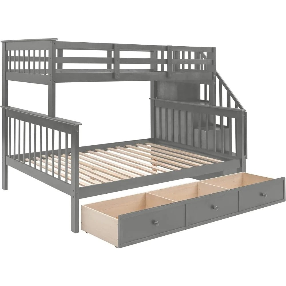 Twin Over Full Wood Bunk Bed with Stairs, Storage Drawers for Kids Teens
