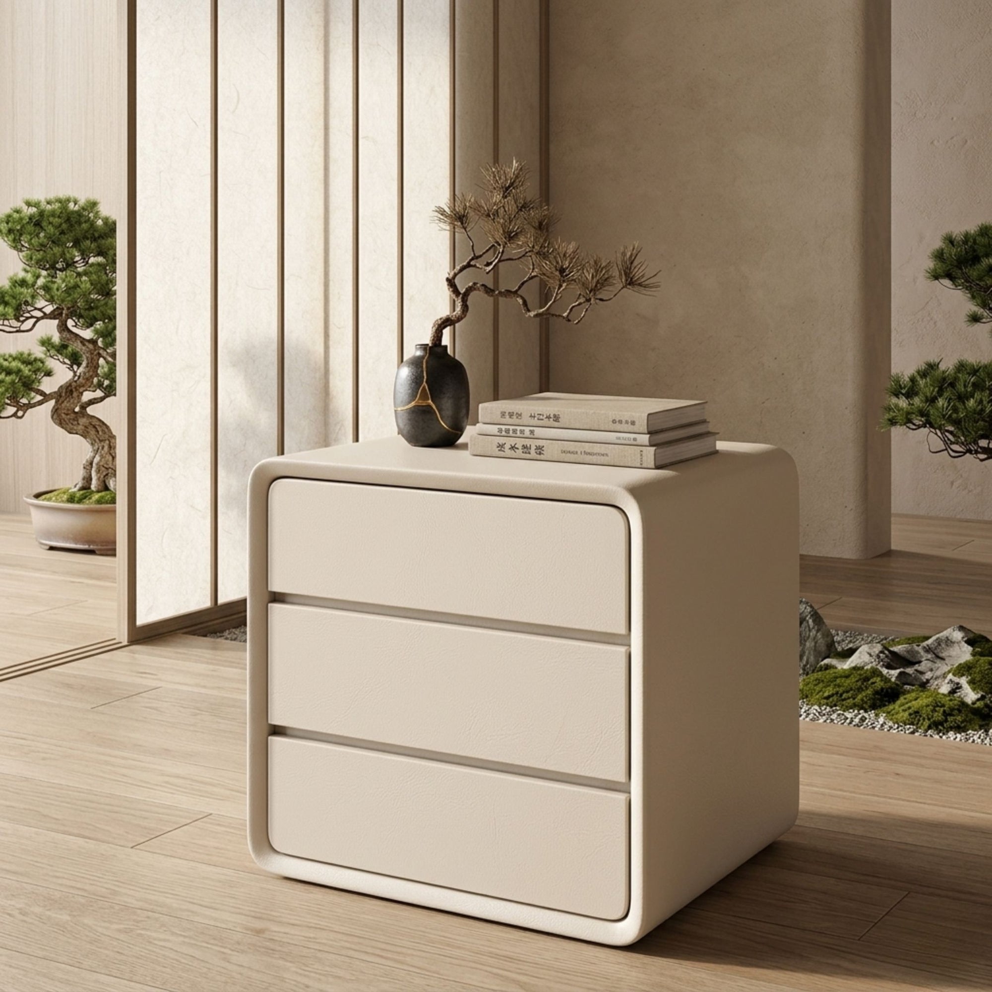 Close-up of the handle-less drawers and soft-touch matte finish on the Modul Curve modern nightstand