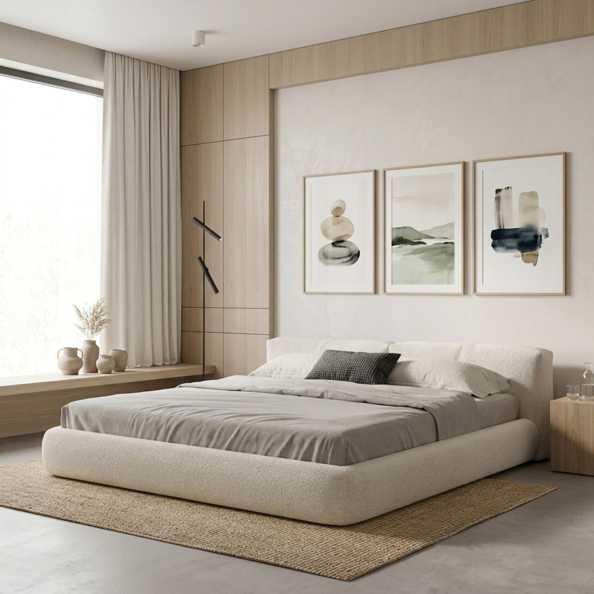 Lifestyle shot of the Modern Cozy Bouclé Bed in a serene, minimalist bedroom with warm lighting