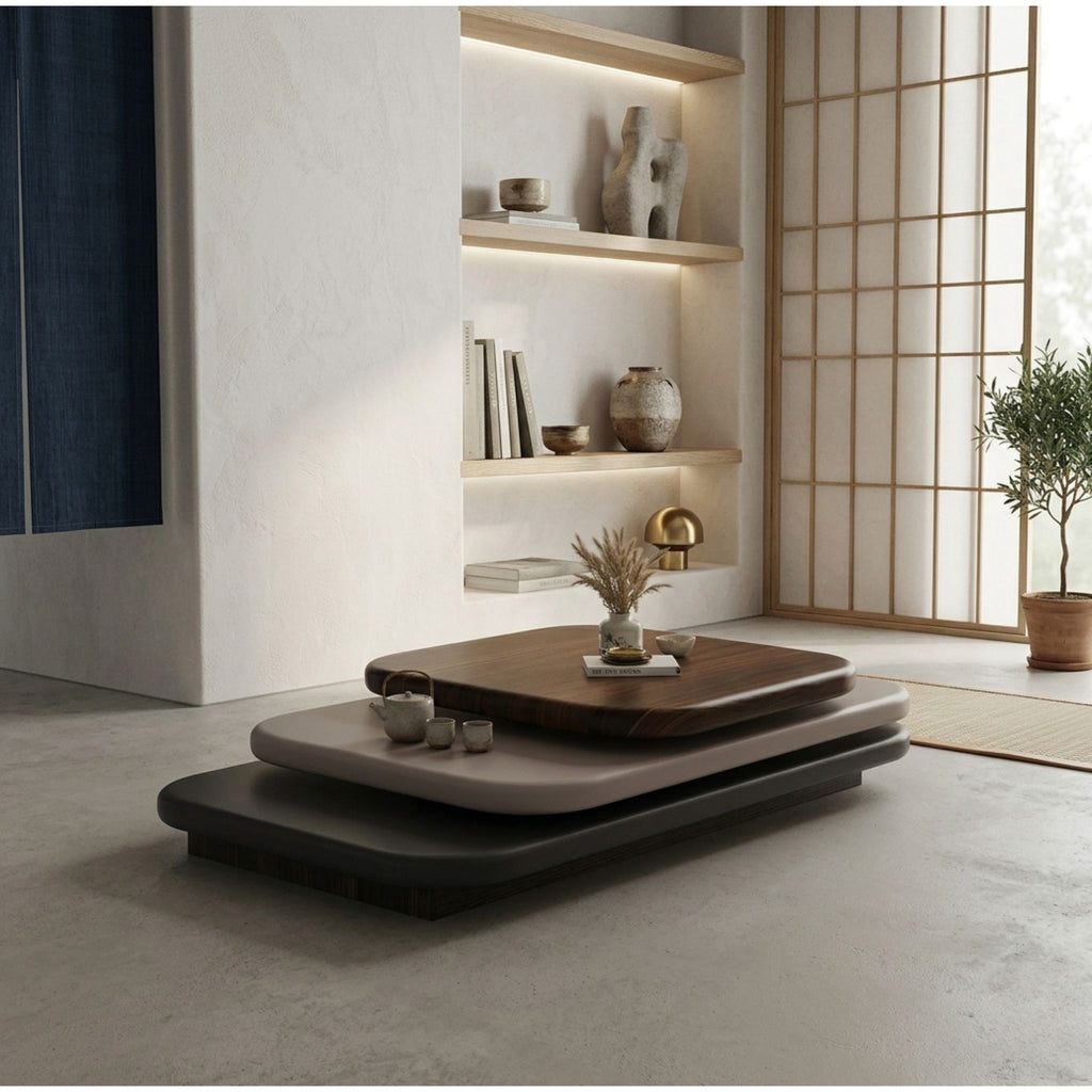 Architectural view of the multi-tier rotating coffee table in an aesthetic modern interior, highlighting its dynamic geometry and functional minimalist design