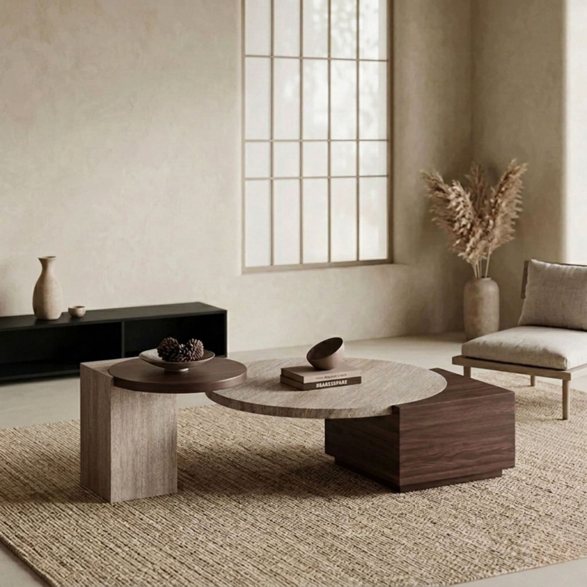 Detail view highlighting the rich grain and smooth finish of the solid walnut nesting table as it sits beneath the travertine tier