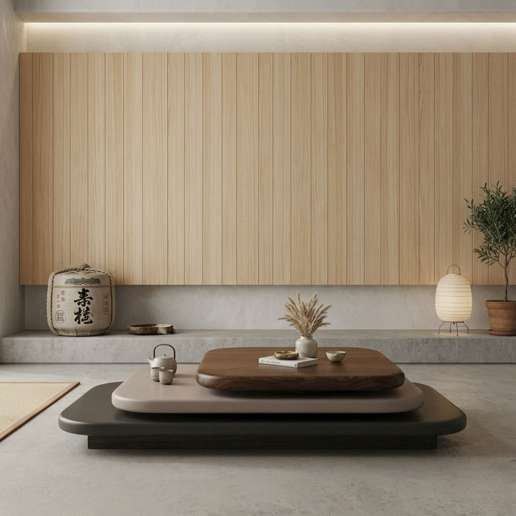 The Tri-Axis Rotating Coffee Table styled in a serene Japandi-aesthetic living room with natural stone textures, soft sunlight, and minimalist decor accents