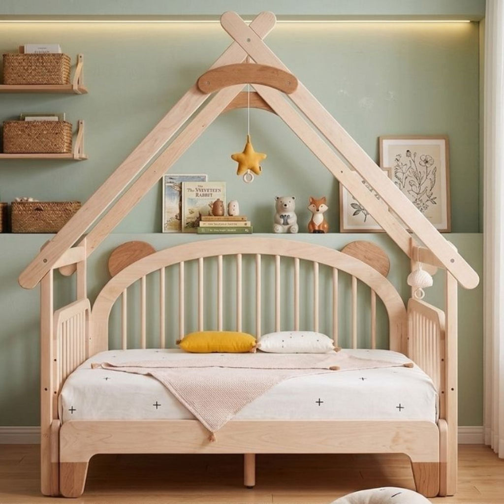 A minimalist UAE nursery interior featuring the Snug Harbor Canopy Bedframe as a whimsical and architectural focal point