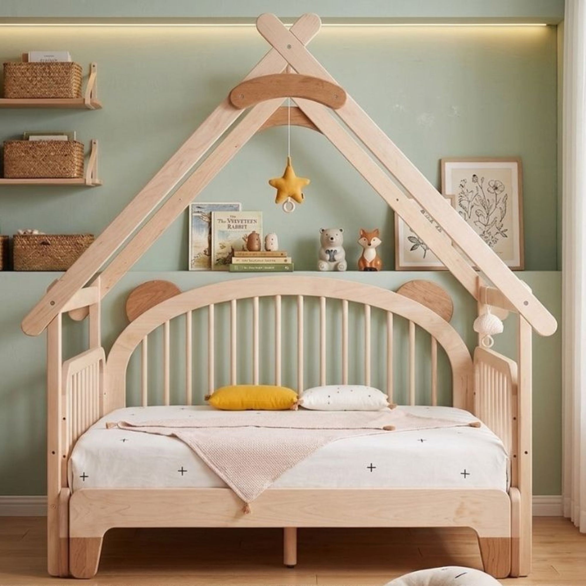 A minimalist UAE nursery interior featuring the Snug Harbor Canopy Bedframe as a whimsical and architectural focal point