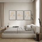 A side-profile lifestyle shot of the Modern Cozy Bouclé Bed featuring a grounded, rounded frame and plush headboard in a minimalist cream-toned bedroom