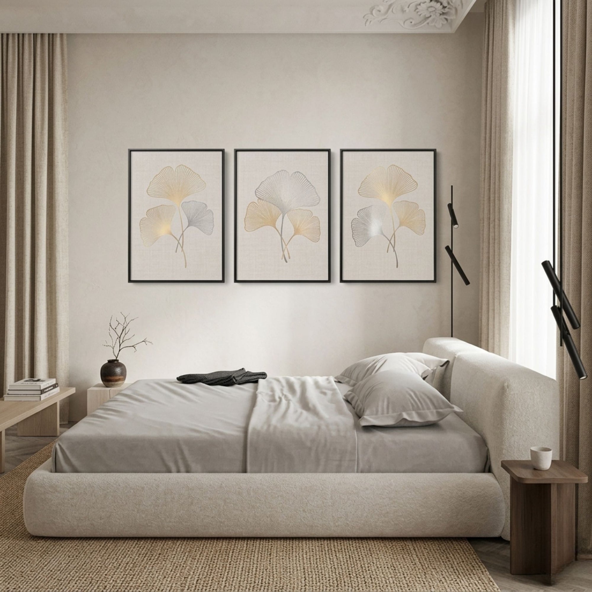 A side-profile lifestyle shot of the Modern Cozy Bouclé Bed featuring a grounded, rounded frame and plush headboard in a minimalist cream-toned bedroom