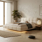 Low-angle lifestyle shot of the Kira Edge Bed in a serene, aesthetic bedroom featuring natural wood floors and minimalist decor