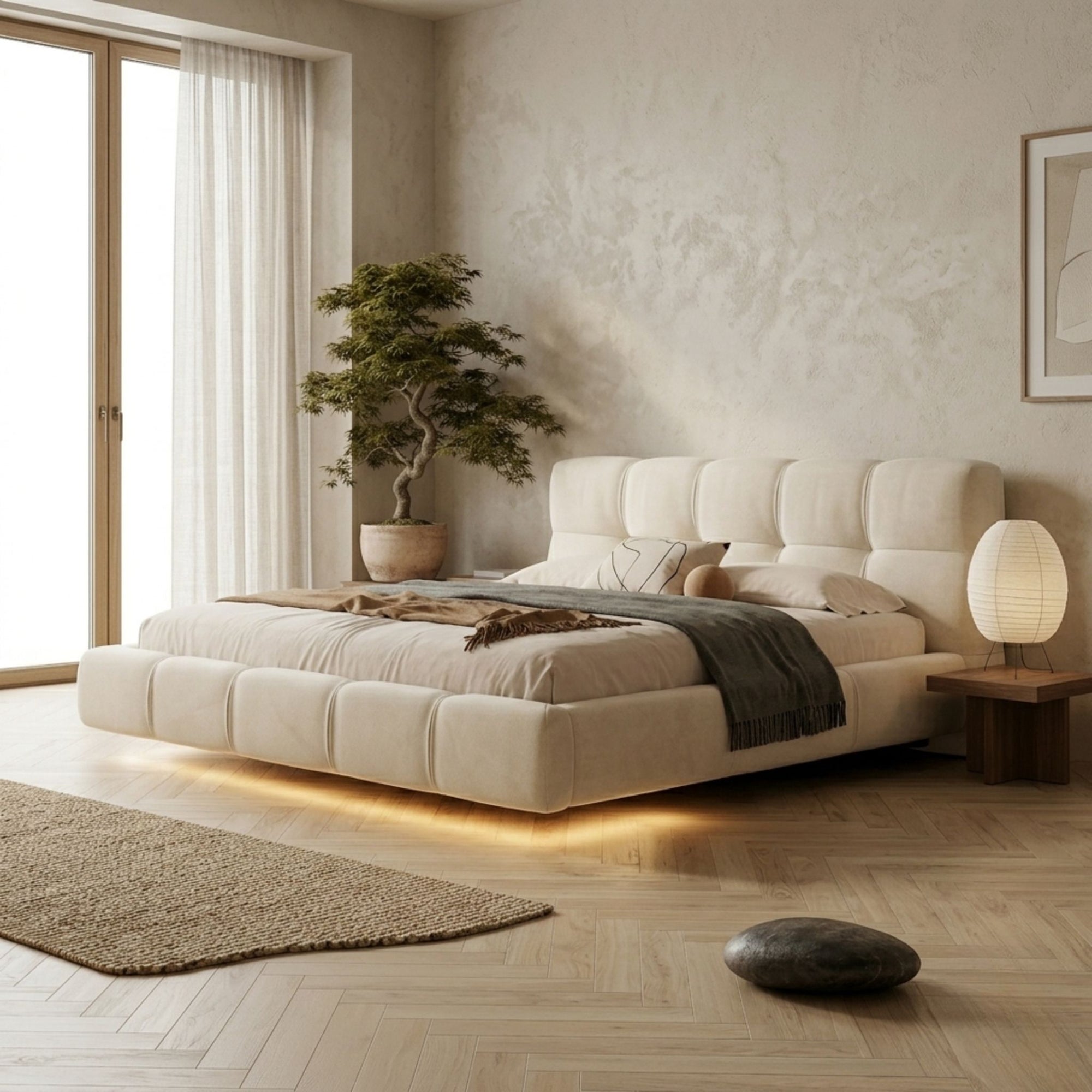 Low-angle lifestyle shot of the Kira Edge Bed in a serene, aesthetic bedroom featuring natural wood floors and minimalist decor