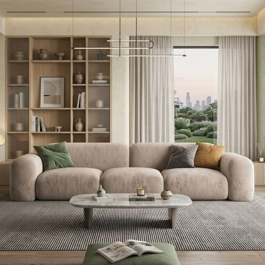 Aesthetic modern living room featuring the 240cm Stratus Modular Plush Sofa handcrafted in the UAE