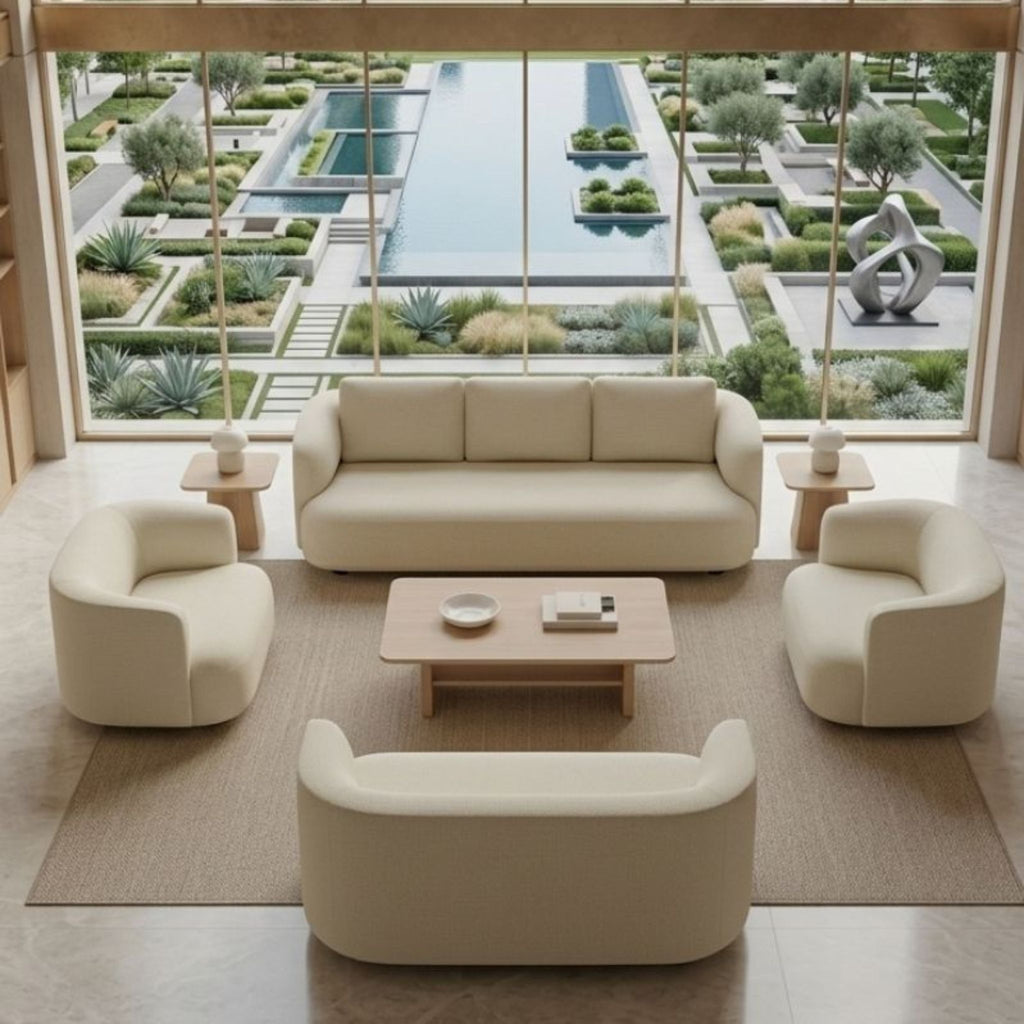 Aesthetic minimalist living room featuring the Terra-Cotta Bouclé Sofa Set by Philips Modern Homes