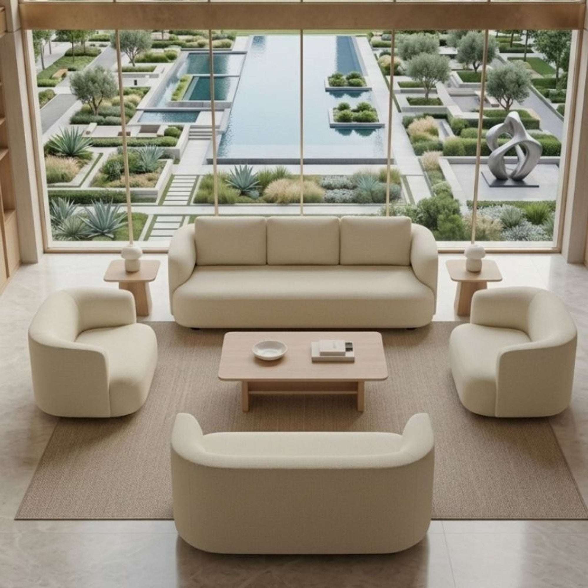 Aesthetic minimalist living room featuring the Terra-Cotta Bouclé Sofa Set by Philips Modern Homes