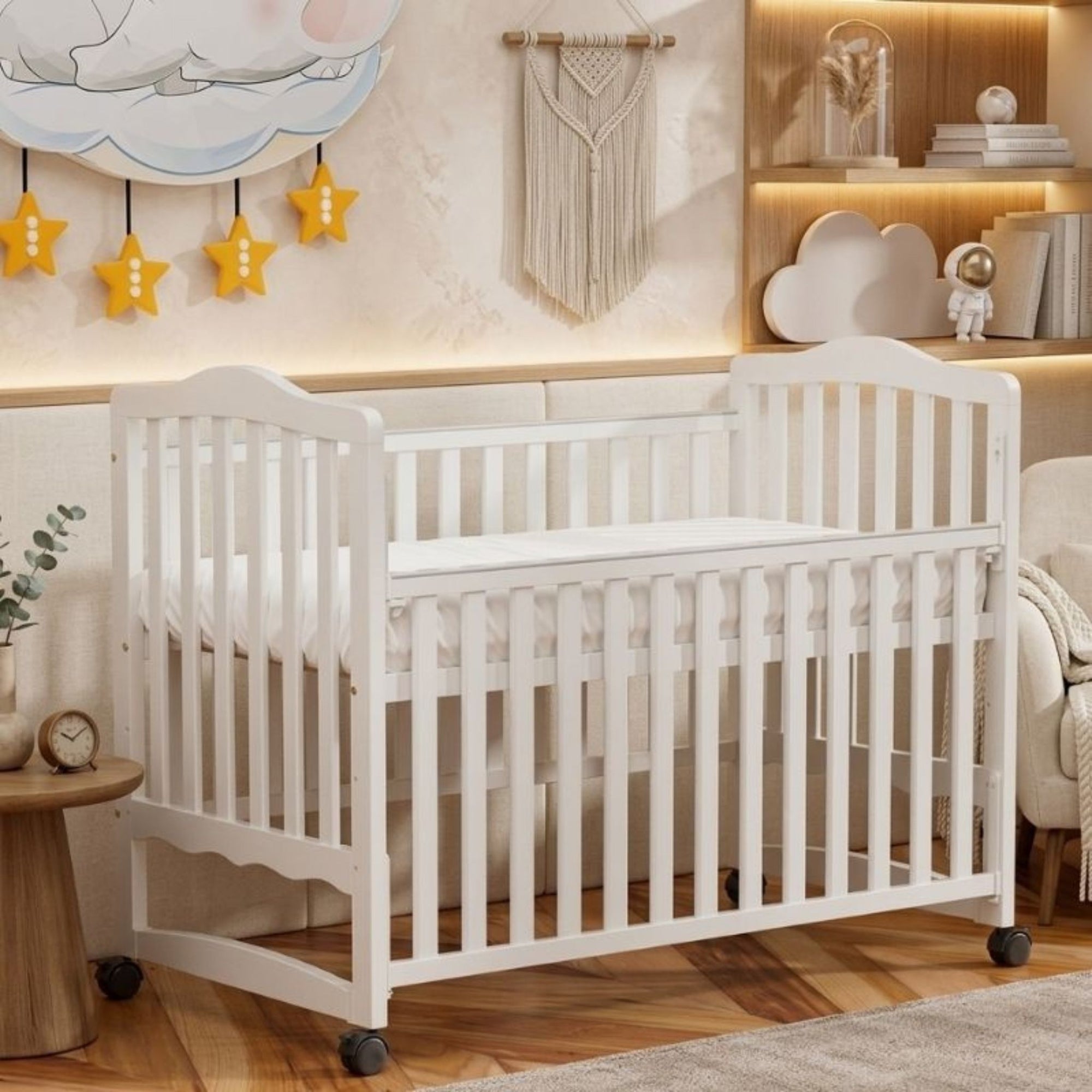 A minimalist UAE nursery setting featuring the 90x140cm Celestia Adjustable Wooden Crib by Philips Modern Homes.