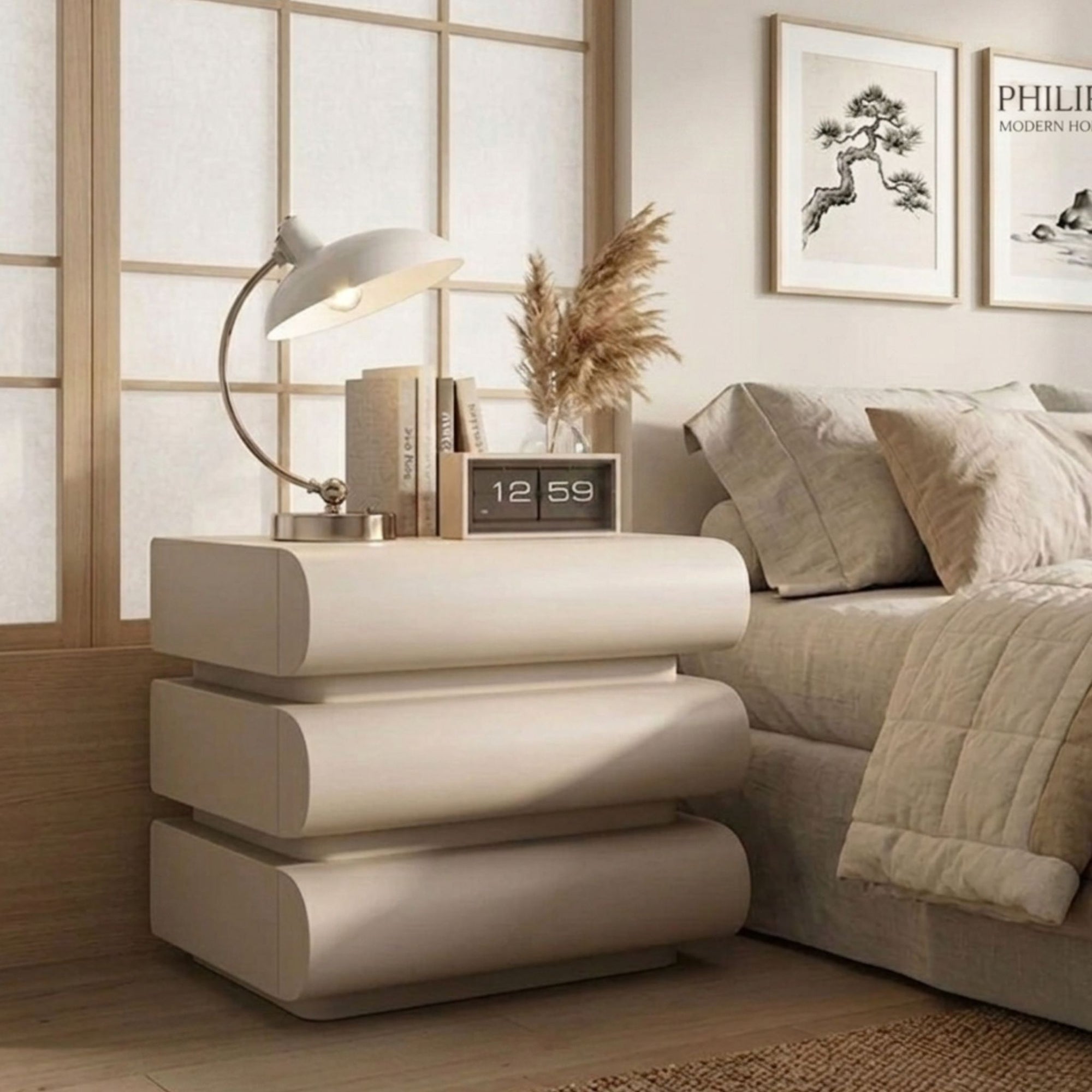 Lifestyle shot of the Celine Arcane Bedside Table styled with a minimalist lamp in a contemporary master suite