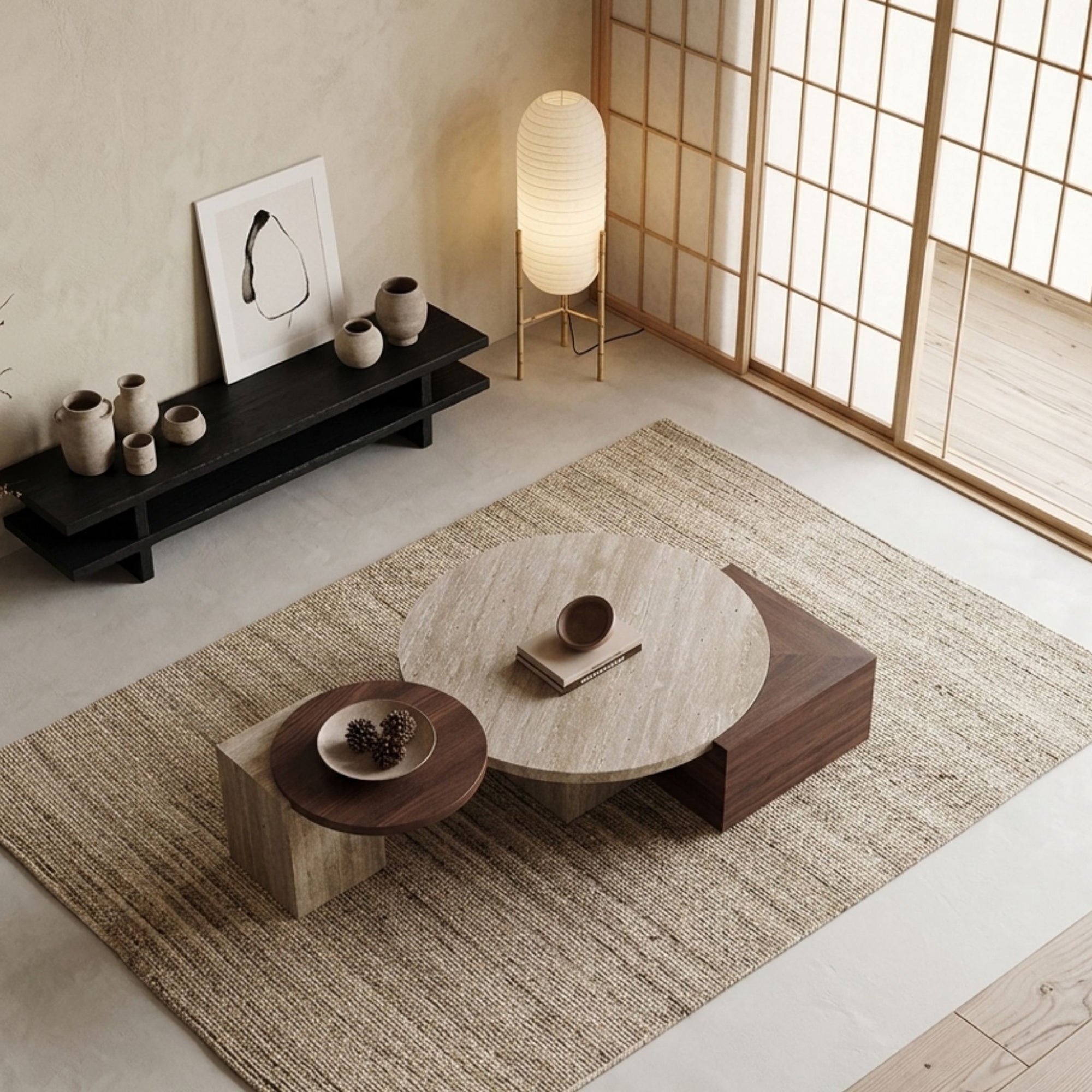 Lifestyle shot of the Travertine and Walnut Nesting Set in a sun-drenched, minimalist living room featuring modern Nordic decor