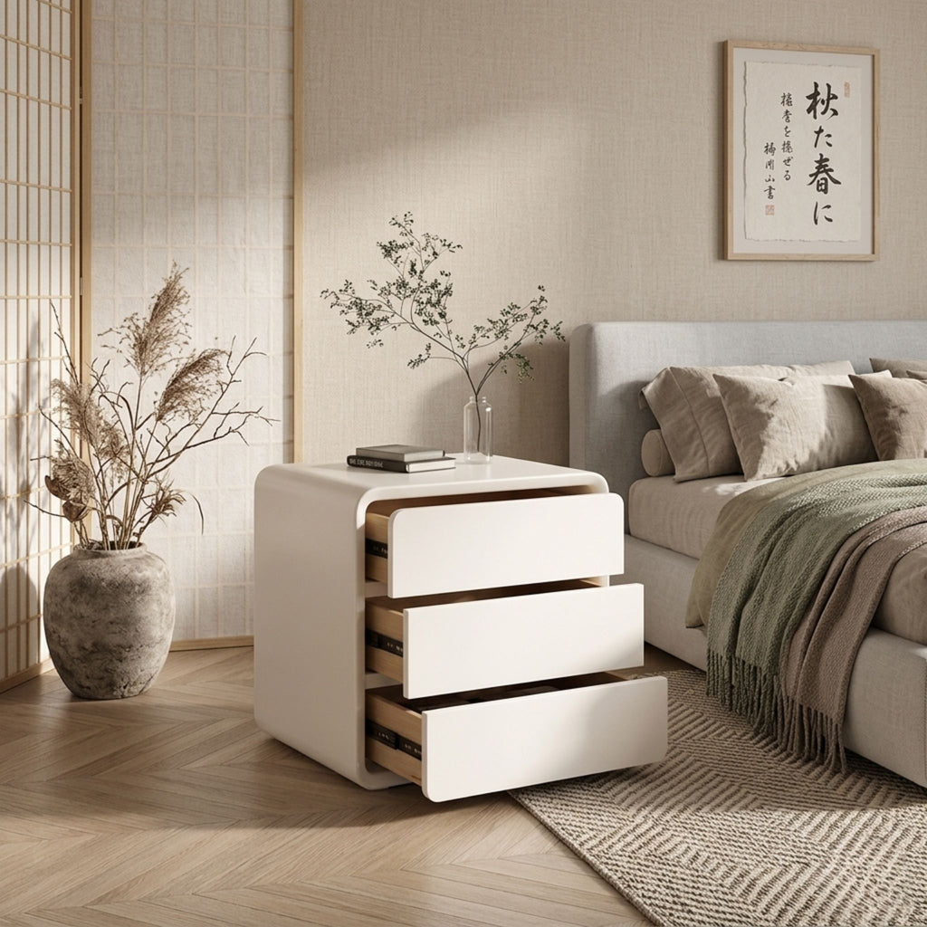 Side profile view of the Modul Curve bedside table highlighting the seamless architectural radiused edges