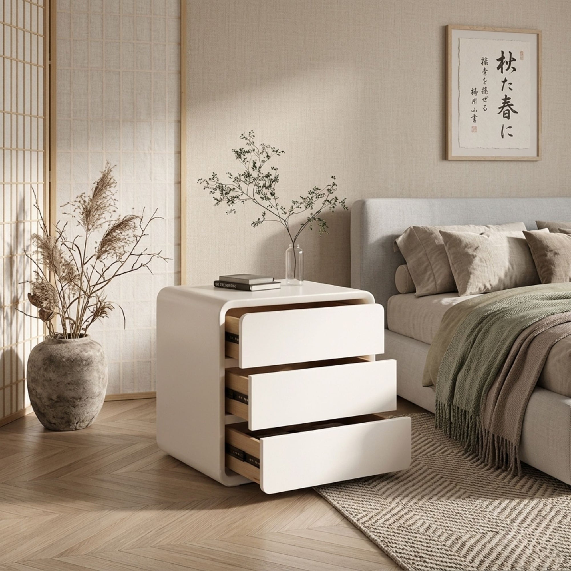 Side profile view of the Modul Curve bedside table highlighting the seamless architectural radiused edges