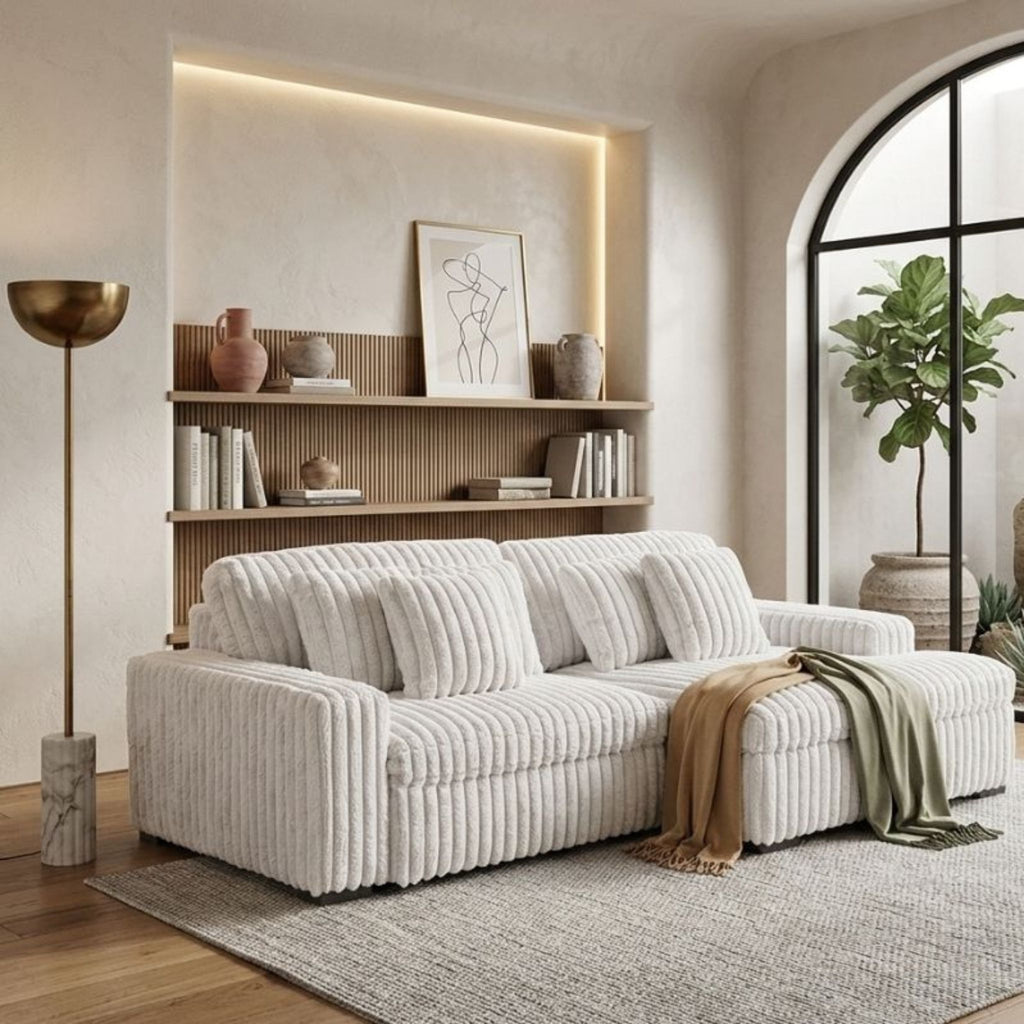 A wide-angle view of the Haven sectional showing a custom modular layout, handcrafted in the UAE by Philips Modern Homes