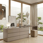 Close-up architectural view of the Pavilion Grand modular vanity bridge and handle-less solid wood drawers showcasing the seamless joint and premium matte finish