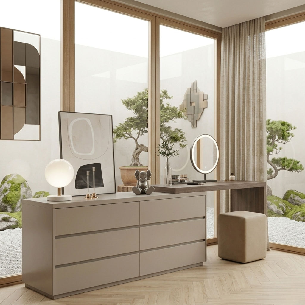 Modern bedroom with a dresser, mirror, and decor items near large windows.